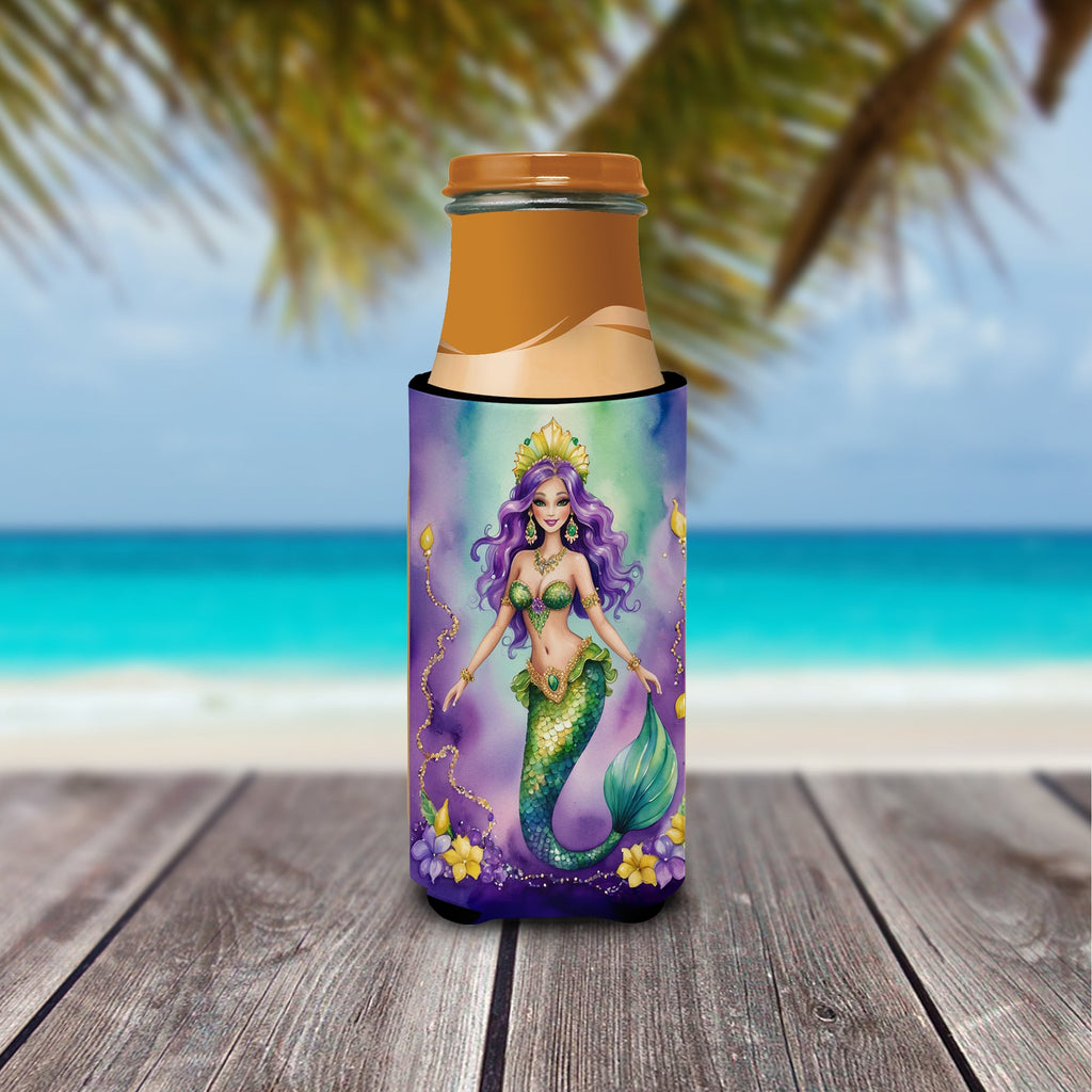 Mermaid Mardi Gras Slim Can Hugger , Insulated Foam Hugger for 12 oz Slim Cans, Beer Bottles & Water Bottles, Printed in USA