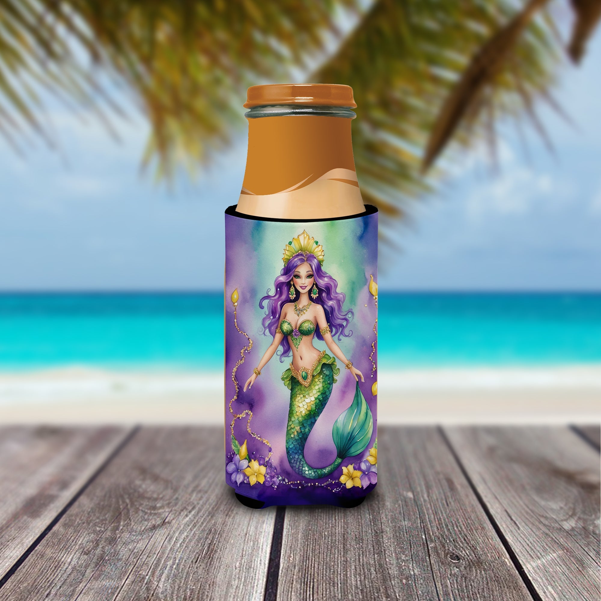 Mermaid Mardi Gras Slim Can Hugger , Insulated Foam Hugger for 12 oz Slim Cans, Beer Bottles & Water Bottles, Printed in USA