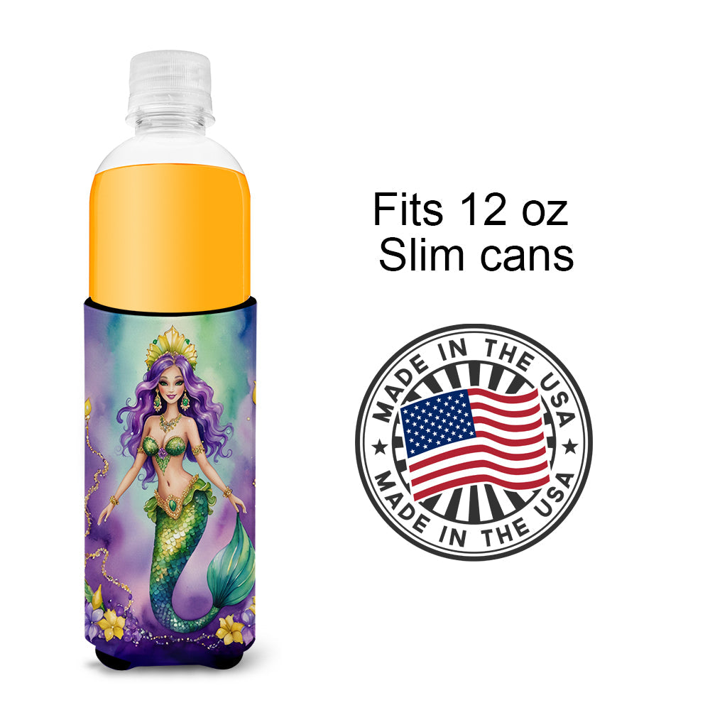 Mermaid Mardi Gras Slim Can Hugger , Insulated Foam Hugger for 12 oz Slim Cans, Beer Bottles & Water Bottles, Printed in USA
