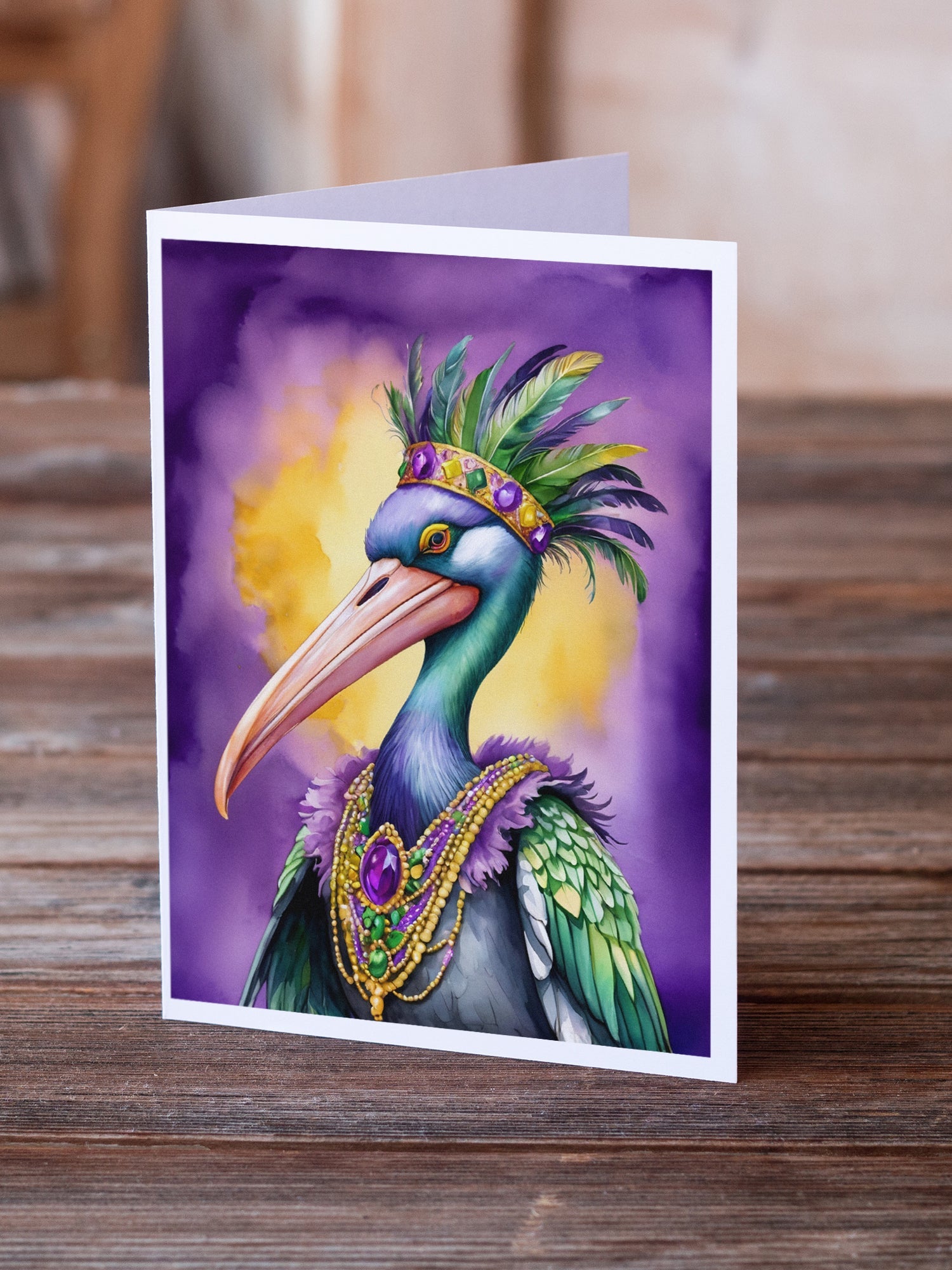Pelican Mardi Gras Greeting Cards Pack of 8 Blank Cards with Envelopes Whimsical A7 Size 5x7