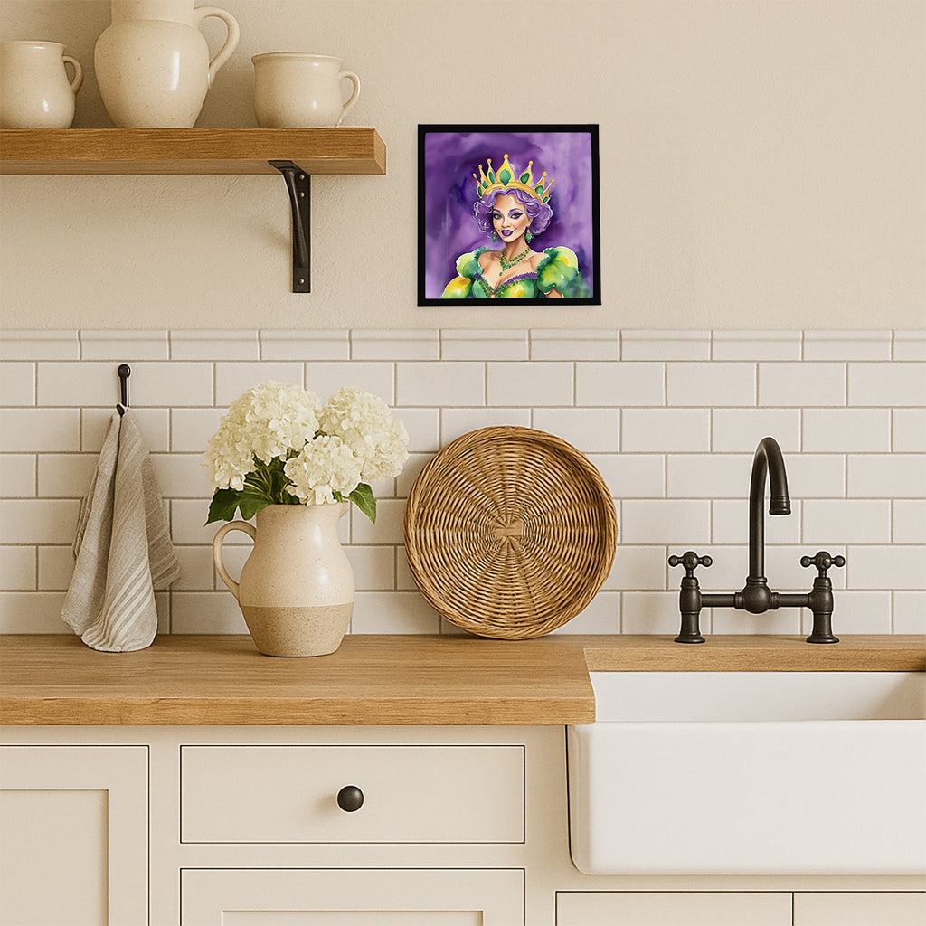 Queen of Mardi Gras Framed Metal Print Bathroom, Kitchen, Office, Home Decor Wall Art Ready to Hang, Square, 8X8