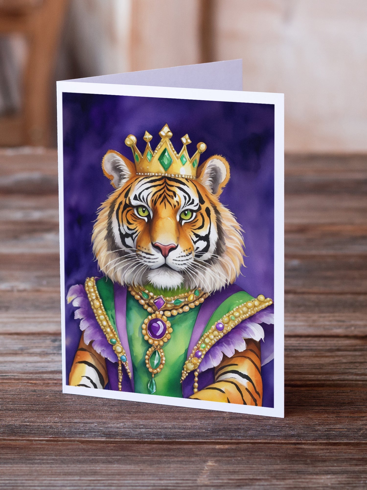Tiger the King of Mardi Gras Greeting Cards Pack of 8 Blank Cards with Envelopes Whimsical A7 Size 5x7