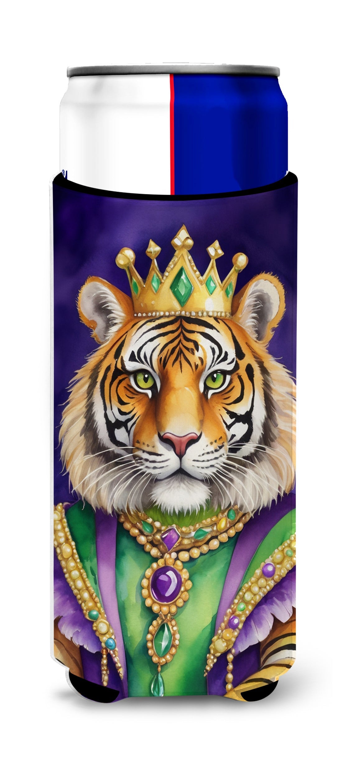 Tiger the King of Mardi Gras Slim Can Hugger , Insulated Foam Hugger for 12 oz Slim Cans, Beer Bottles & Water Bottles, Printed in USA