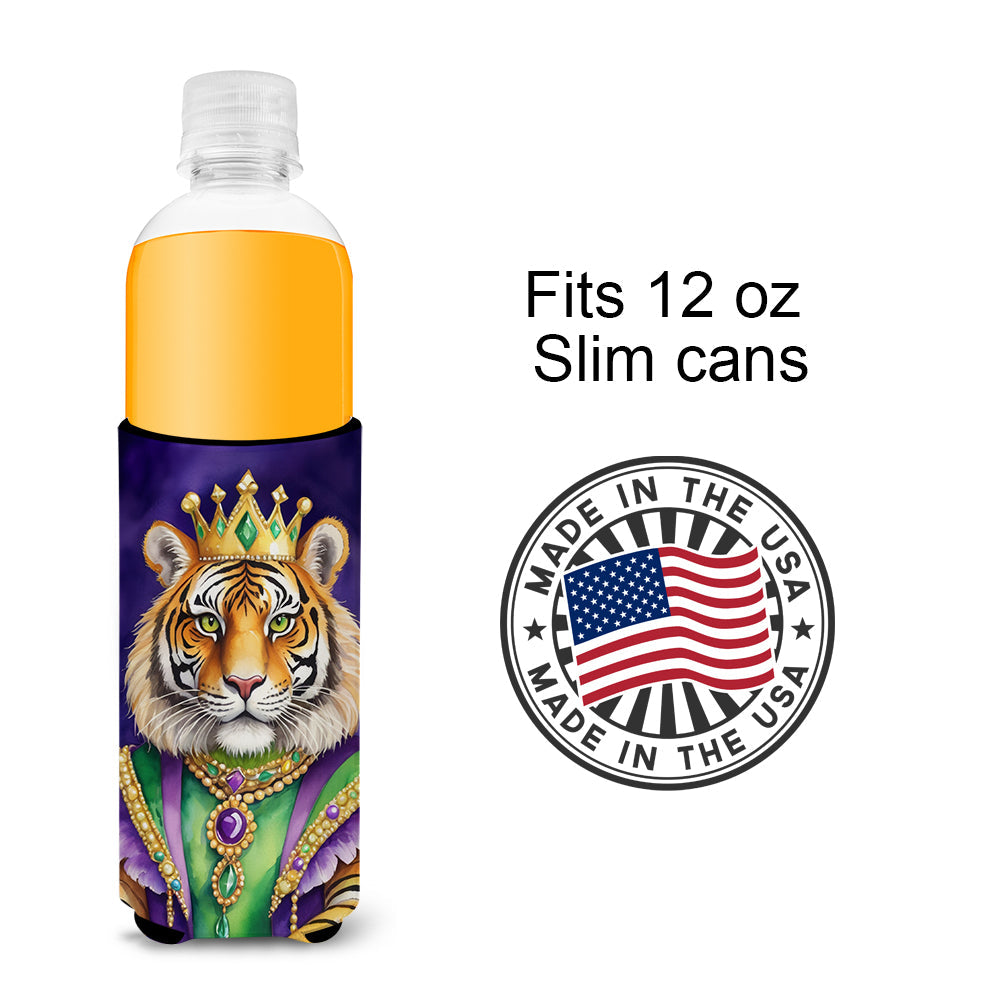 Tiger the King of Mardi Gras Slim Can Hugger , Insulated Foam Hugger for 12 oz Slim Cans, Beer Bottles & Water Bottles, Printed in USA