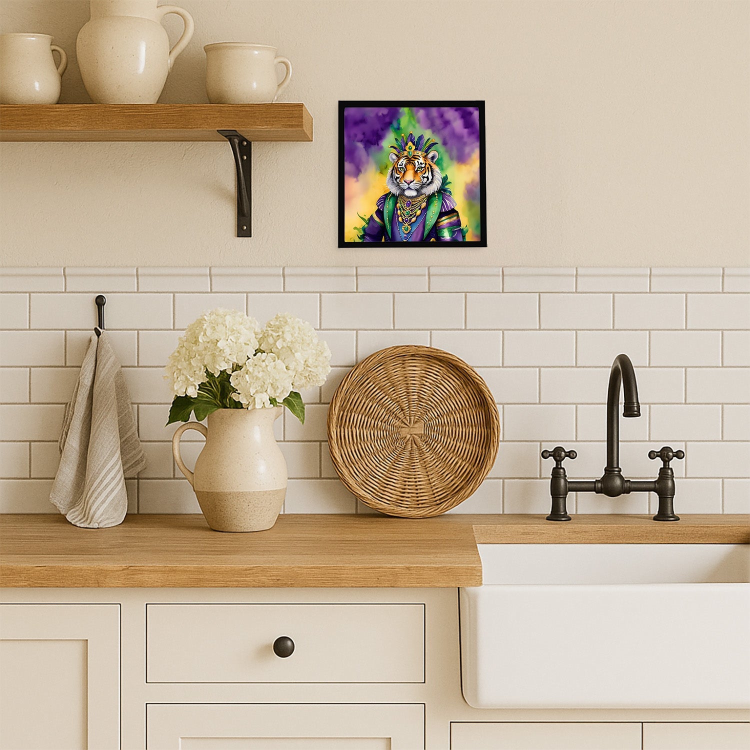 Tiger the King of Mardi Gras Framed Metal Print Bathroom, Kitchen, Office, Home Decor Wall Art Ready to Hang, Square, 8X8