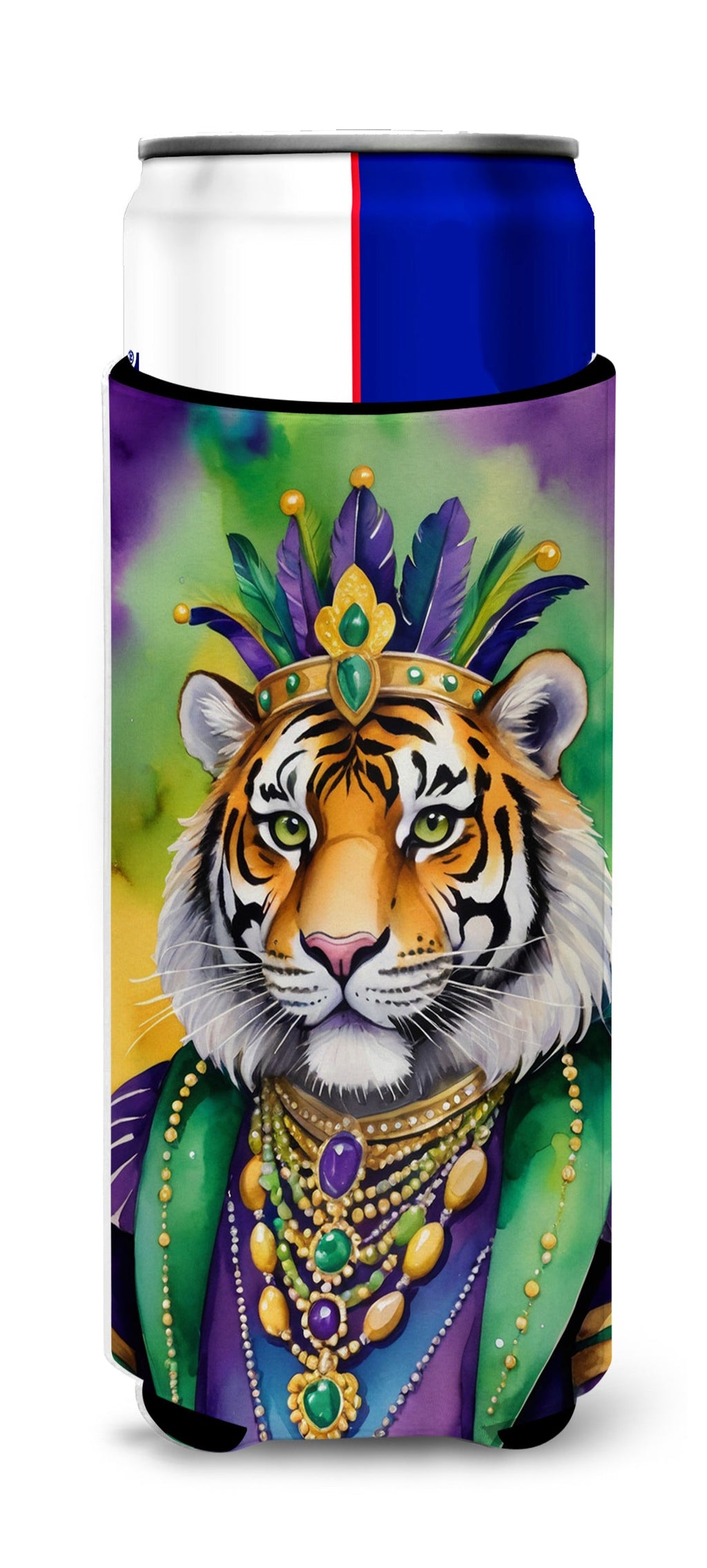 Tiger the King of Mardi Gras Slim Can Hugger , Insulated Foam Hugger for 12 oz Slim Cans, Beer Bottles & Water Bottles, Printed in USA
