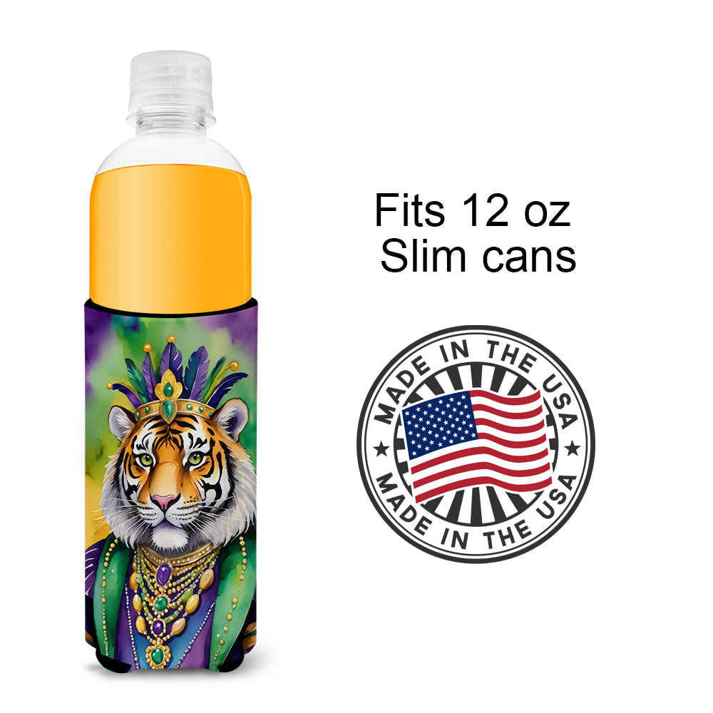 Tiger the King of Mardi Gras Slim Can Hugger , Insulated Foam Hugger for 12 oz Slim Cans, Beer Bottles & Water Bottles, Printed in USA
