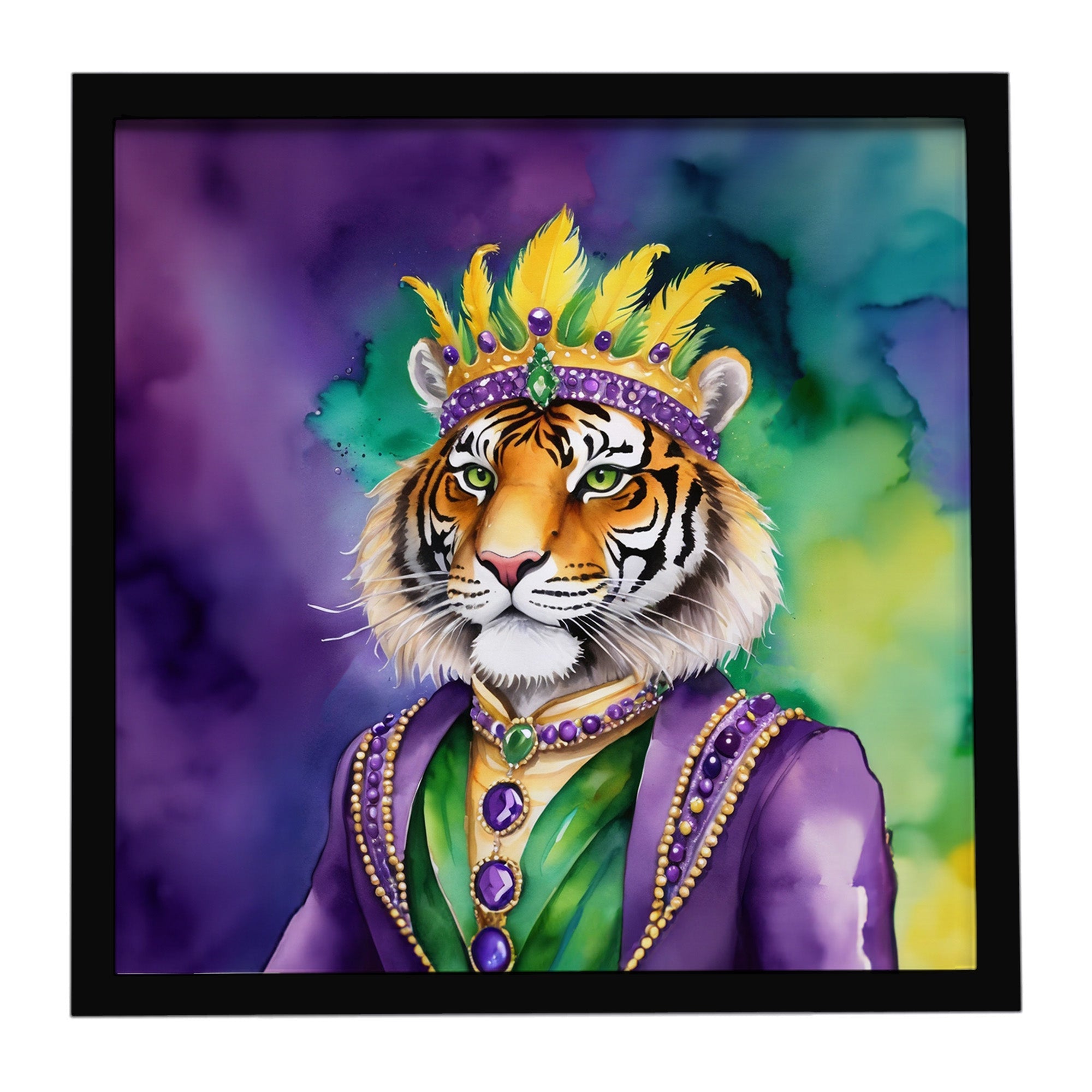 Tiger the King of Mardi Gras Framed Metal Print Bathroom, Kitchen, Office, Home Decor Wall Art Ready to Hang, Square, 8X8