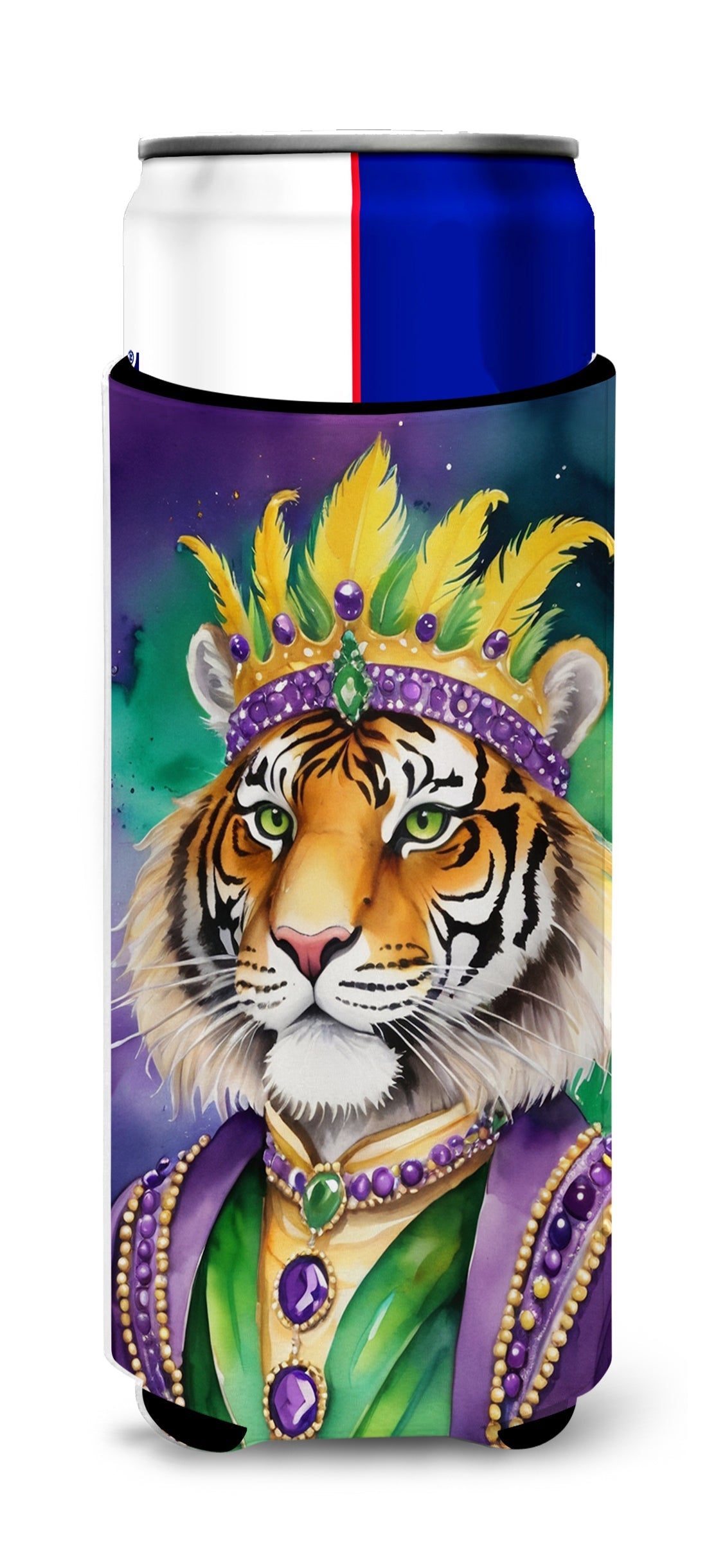 Tiger the King of Mardi Gras Slim Can Hugger , Insulated Foam Hugger for 12 oz Slim Cans, Beer Bottles & Water Bottles, Printed in USA