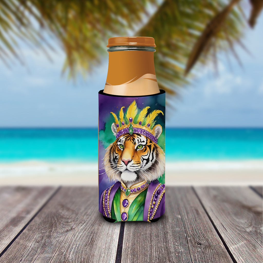 Tiger the King of Mardi Gras Slim Can Hugger , Insulated Foam Hugger for 12 oz Slim Cans, Beer Bottles & Water Bottles, Printed in USA