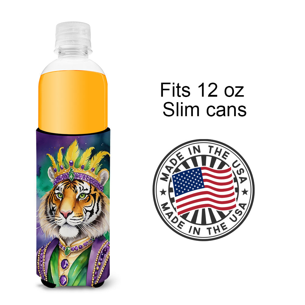 Tiger the King of Mardi Gras Slim Can Hugger , Insulated Foam Hugger for 12 oz Slim Cans, Beer Bottles & Water Bottles, Printed in USA