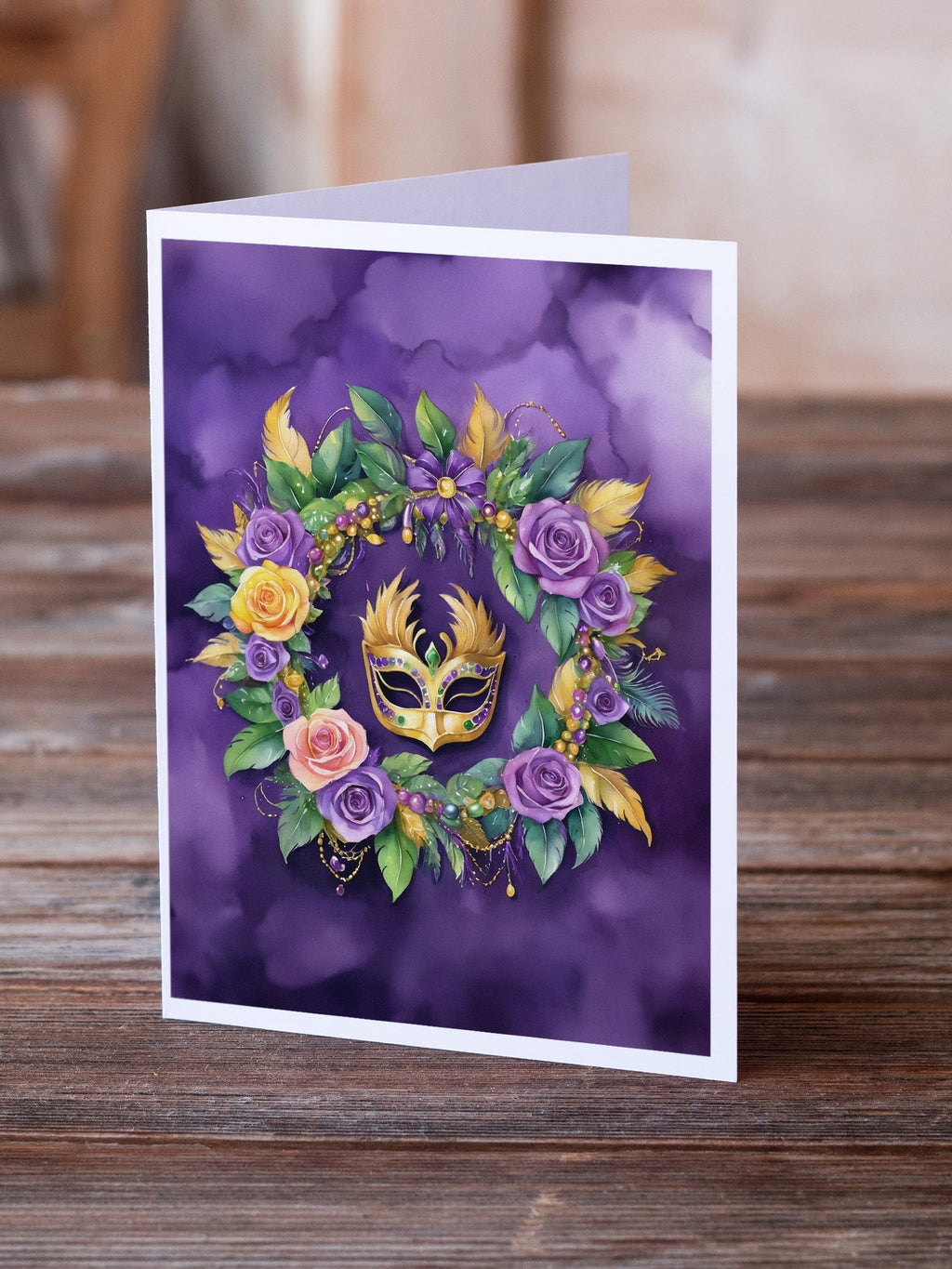 Wreath Mardi Gras Greeting Cards Pack of 8 Blank Cards with Envelopes Whimsical A7 Size 5x7