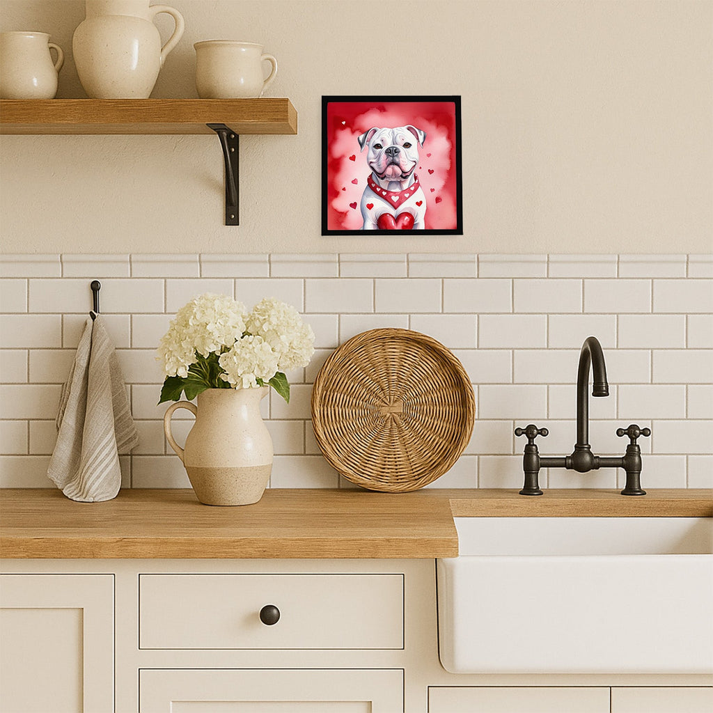 American Bulldog My Valentine Framed Metal Print Bathroom, Kitchen, Office, Home Decor Wall Art Ready to Hang, Square, 8X8