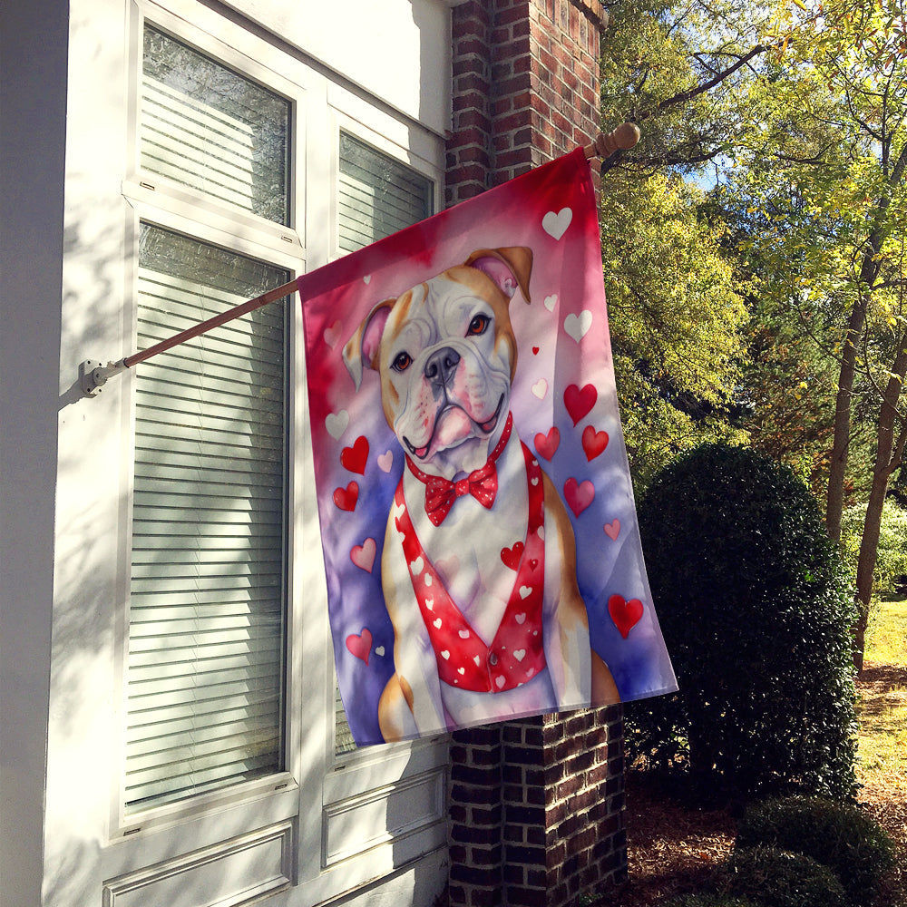 American Bulldog My Valentine House Flag 28x40 Porch Sleeve Pole Decorative Outside Yard Banner Artwork Wall Hanging, Polyester