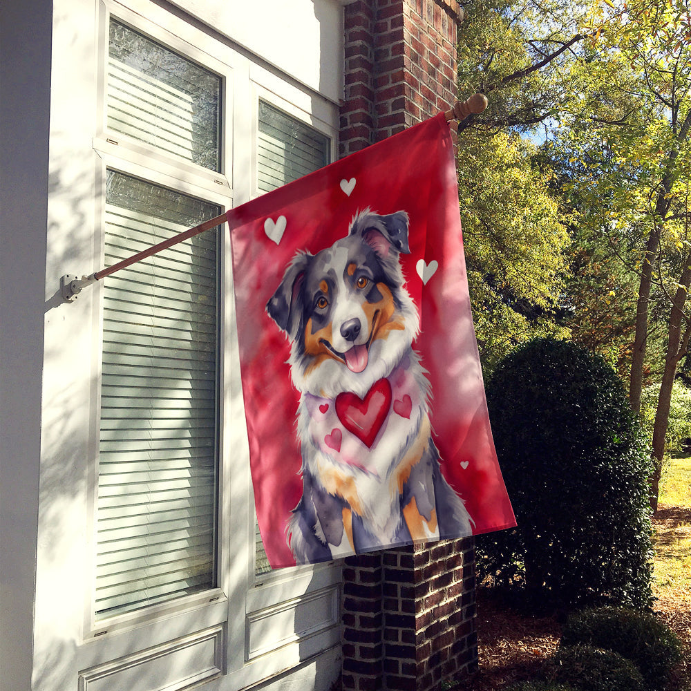 Australian Shepherd My Valentine House Flag 28x40 Porch Sleeve Pole Decorative Outside Yard Banner Artwork Wall Hanging, Polyester