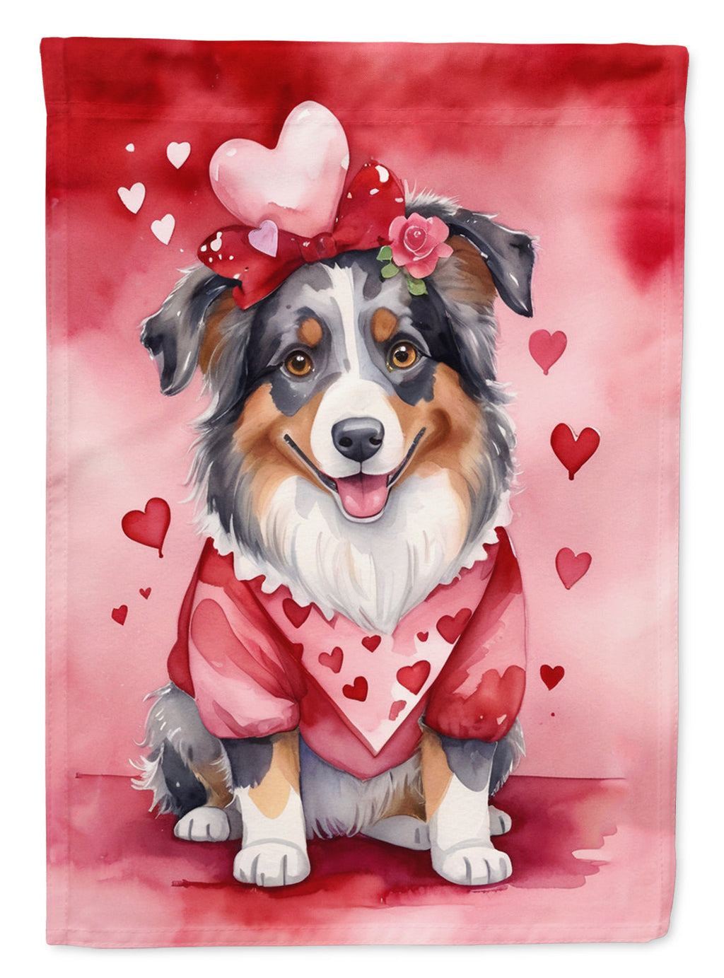 Australian Shepherd My Valentine House Flag 28x40 Porch Sleeve Pole Decorative Outside Yard Banner Artwork Wall Hanging, Polyester