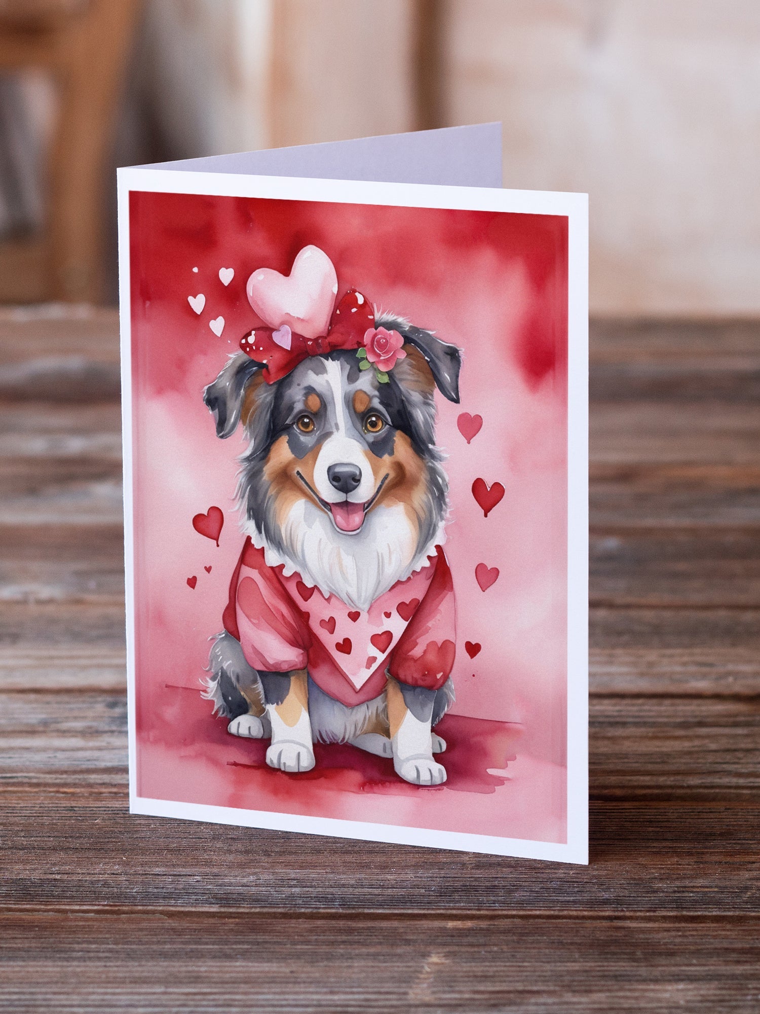Australian Shepherd My Valentine Greeting Cards Pack of 8 Blank Cards with Envelopes Whimsical A7 Size 5x7