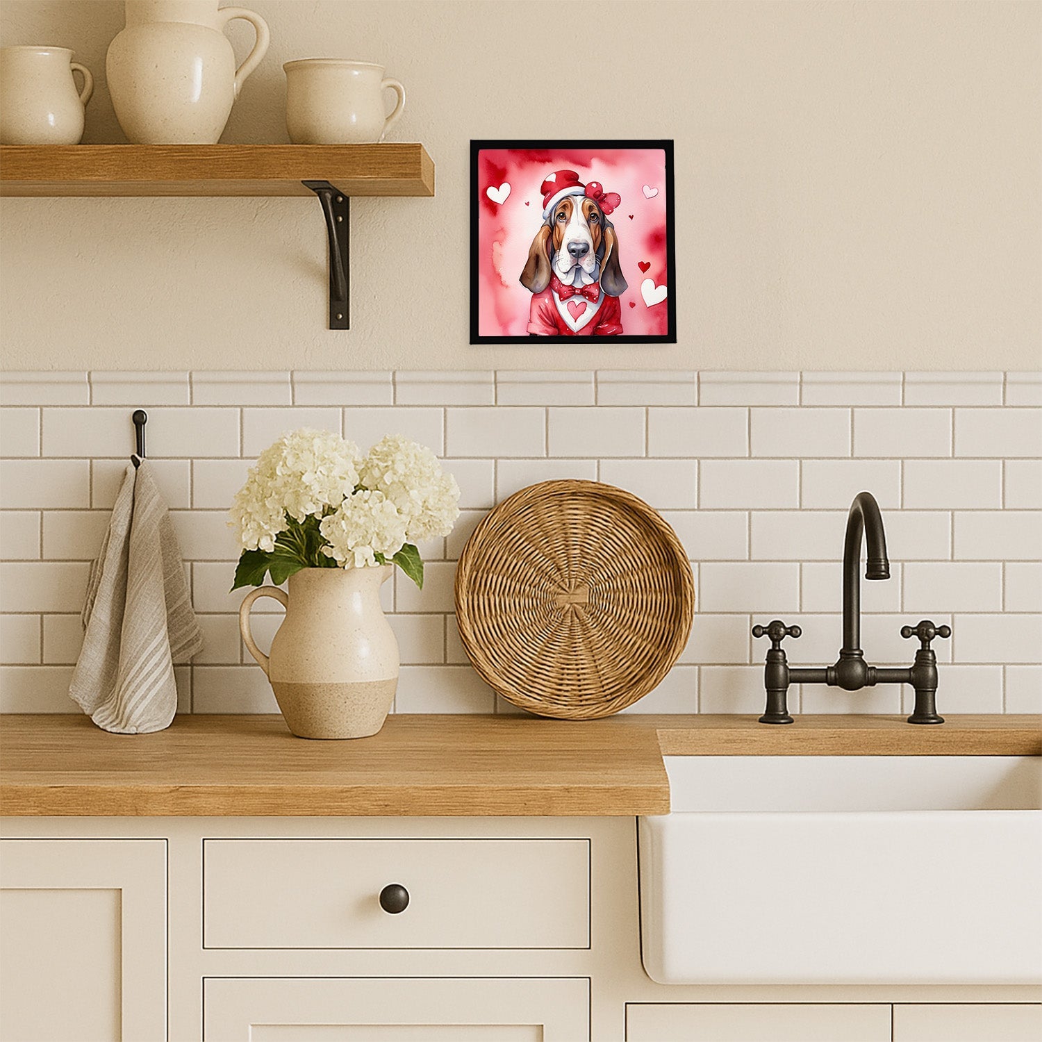 Basset Hound My Valentine Framed Metal Print Bathroom, Kitchen, Office, Home Decor Wall Art Ready to Hang, Square, 8X8