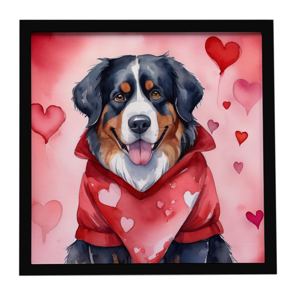 Bernese Mountain Dog My Valentine Framed Metal Print Bathroom, Kitchen, Office, Home Decor Wall Art Ready to Hang, Square, 8X8