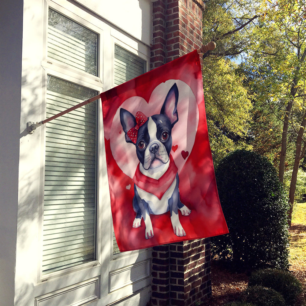 Boston Terrier My Valentine House Flag 28x40 Porch Sleeve Pole Decorative Outside Yard Banner Artwork Wall Hanging, Polyester