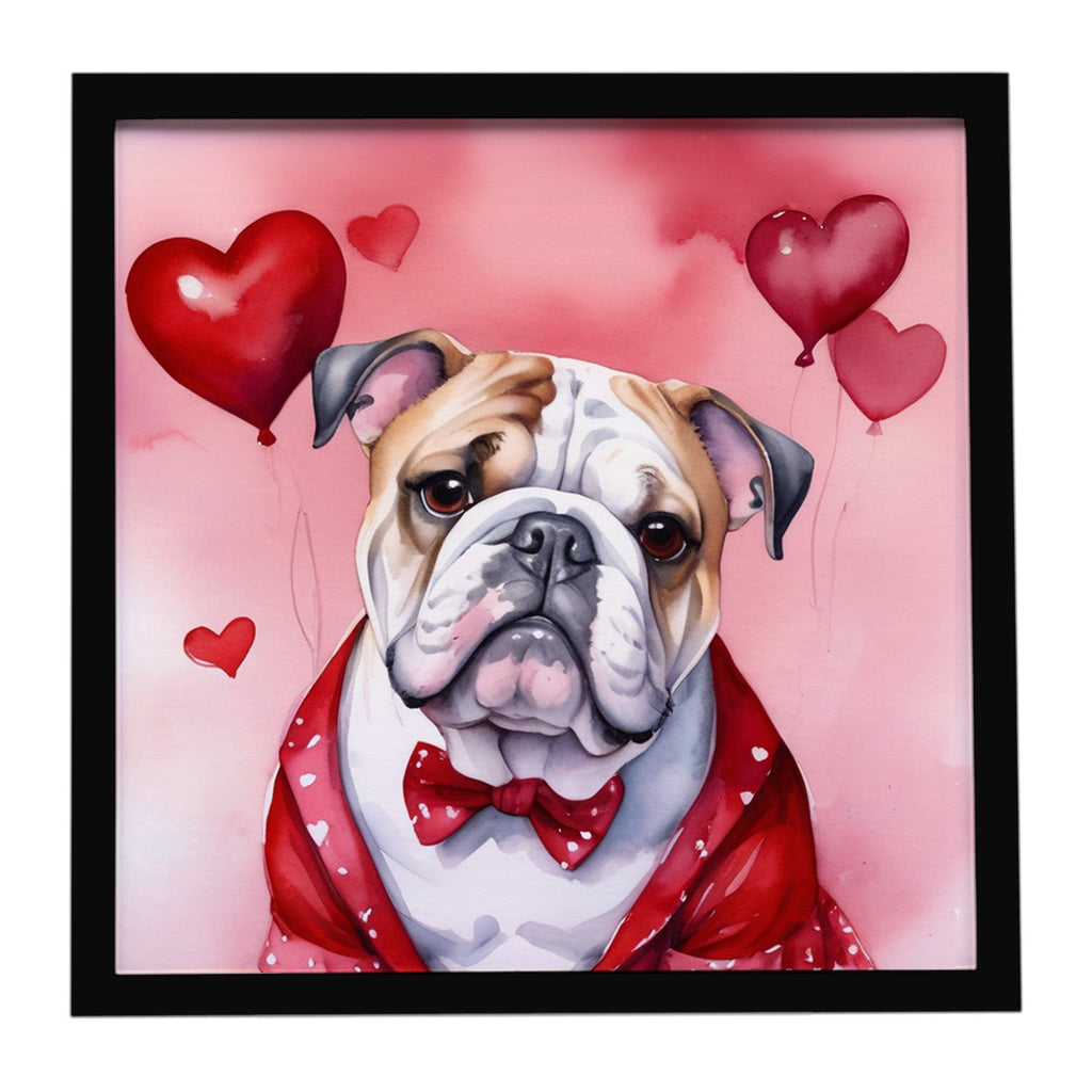 English Bulldog My Valentine Framed Metal Print Bathroom, Kitchen, Office, Home Decor Wall Art Ready to Hang, Square, 8X8