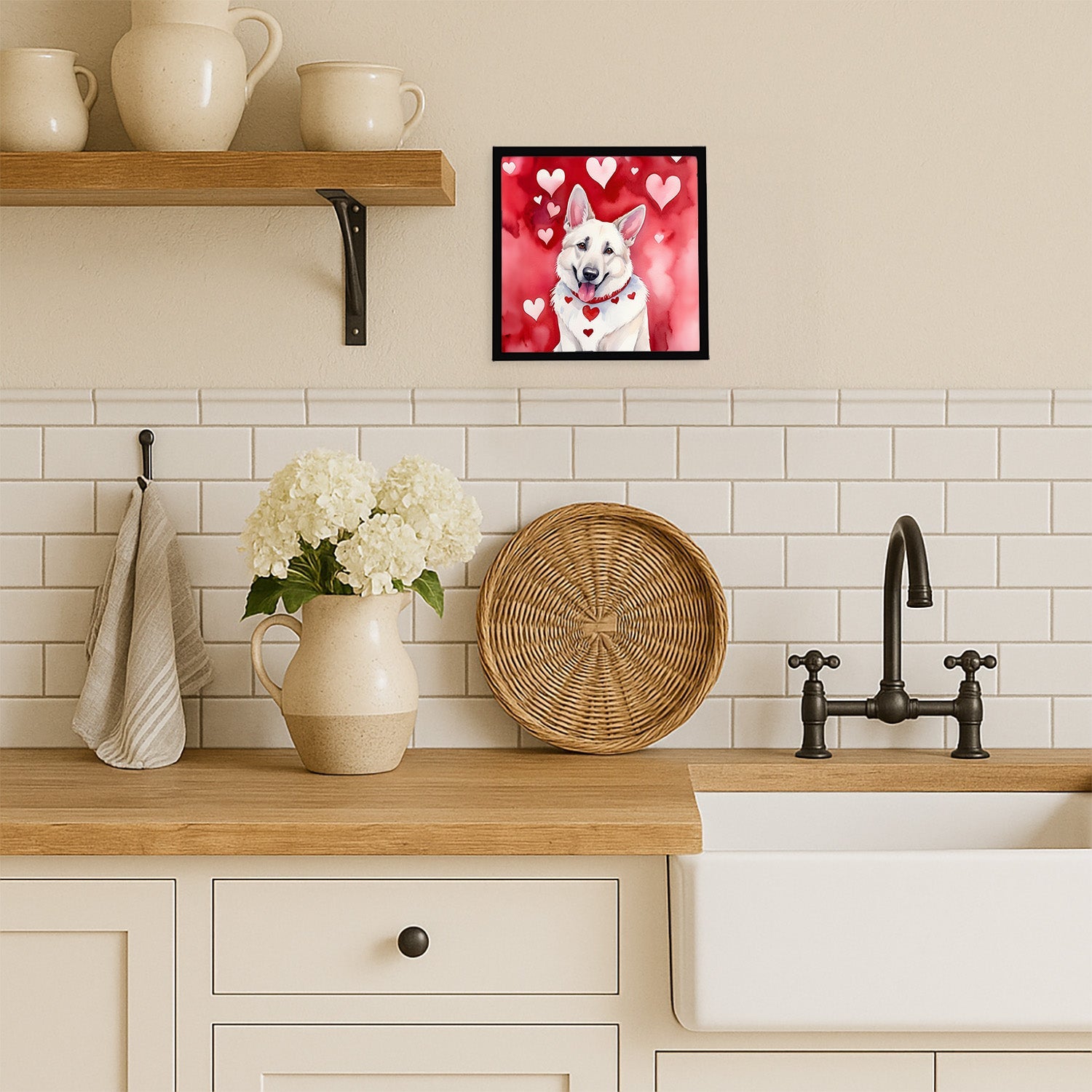 White German Shepherd My Valentine Framed Metal Print Bathroom, Kitchen, Office, Home Decor Wall Art Ready to Hang, Square, 8X8