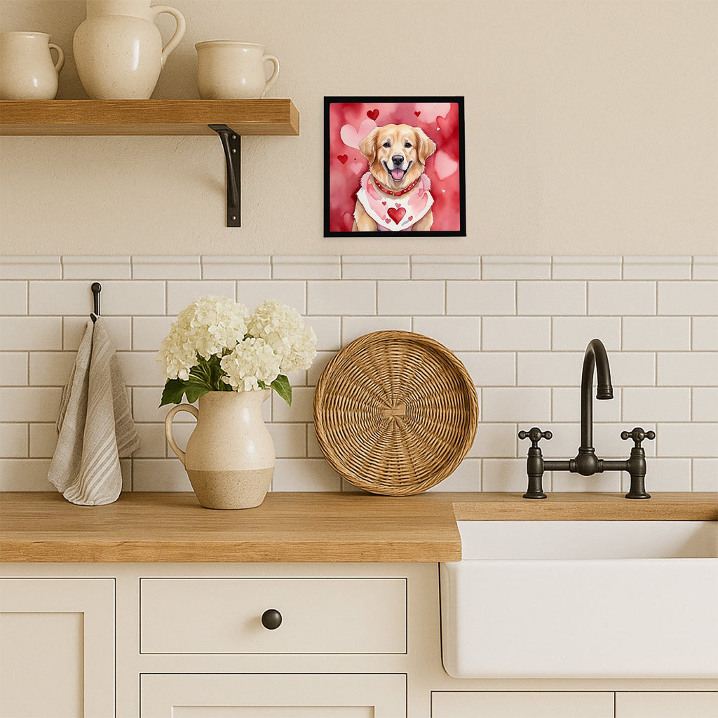 Golden Retriever My Valentine Framed Metal Print Bathroom, Kitchen, Office, Home Decor Wall Art Ready to Hang, Square, 8X8