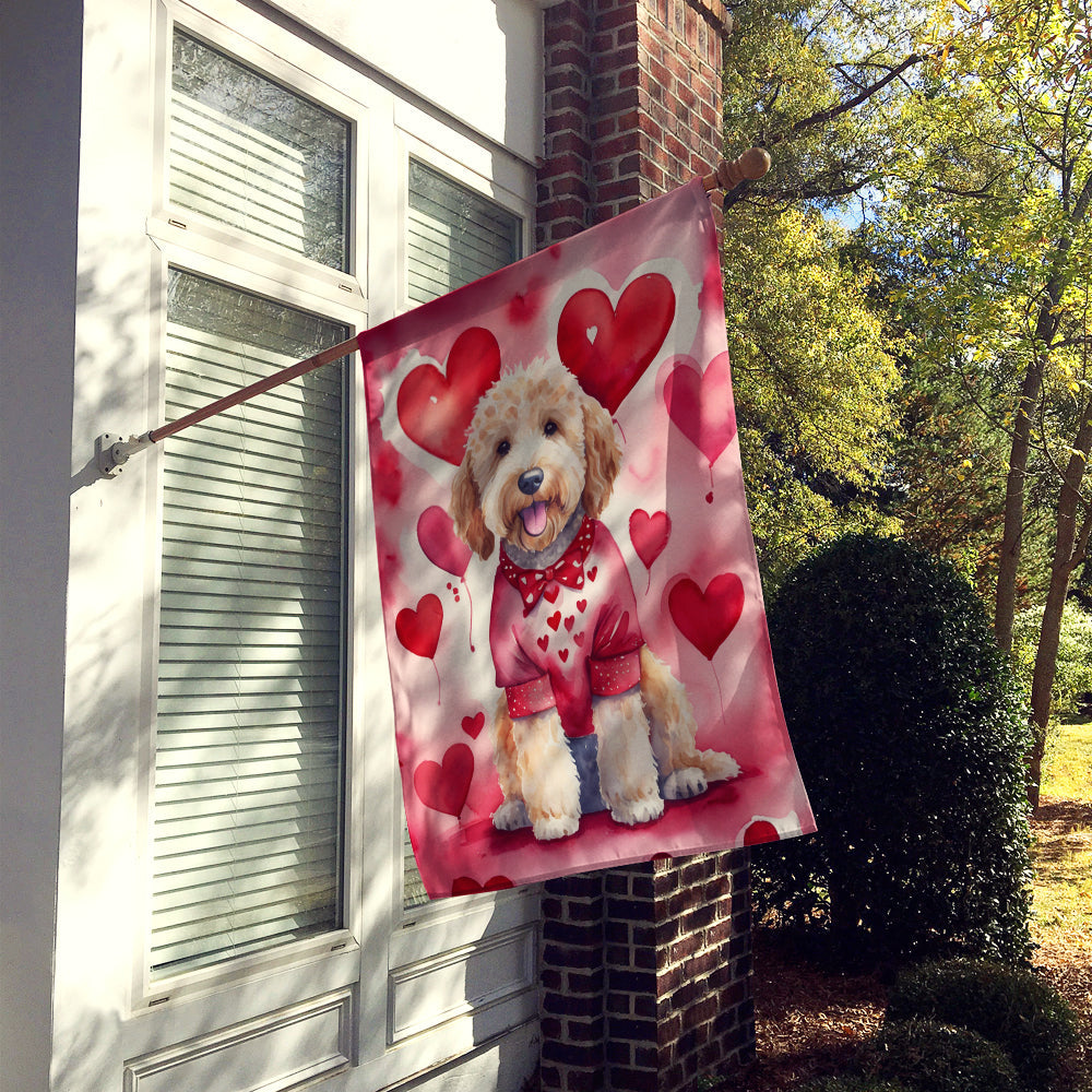 Goldendoodle My Valentine House Flag 28x40 Porch Sleeve Pole Decorative Outside Yard Banner Artwork Wall Hanging, Polyester