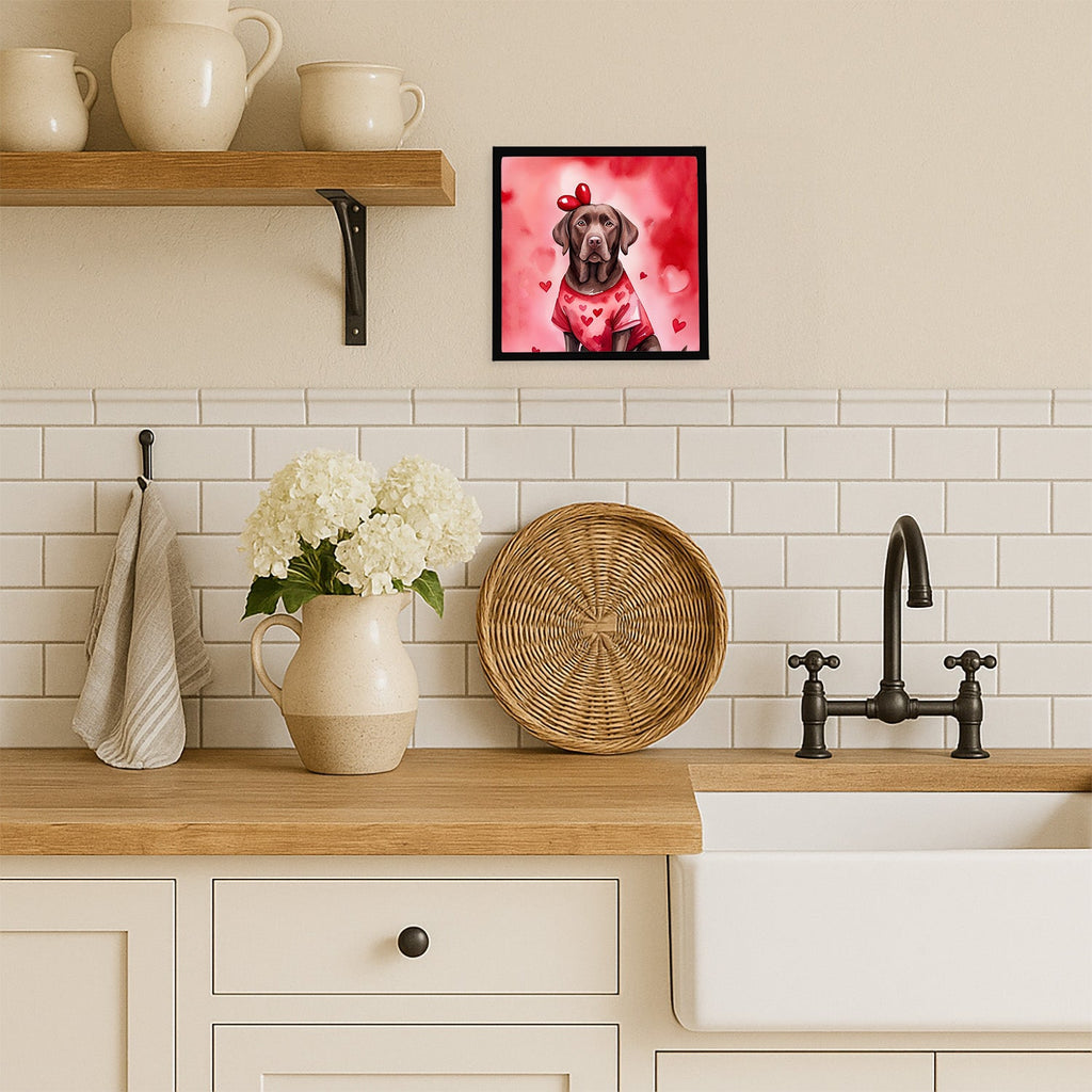 Chocolate Labrador Retriever My Valentine Framed Metal Print Bathroom, Kitchen, Office, Home Decor Wall Art Ready to Hang, Square, 8X8