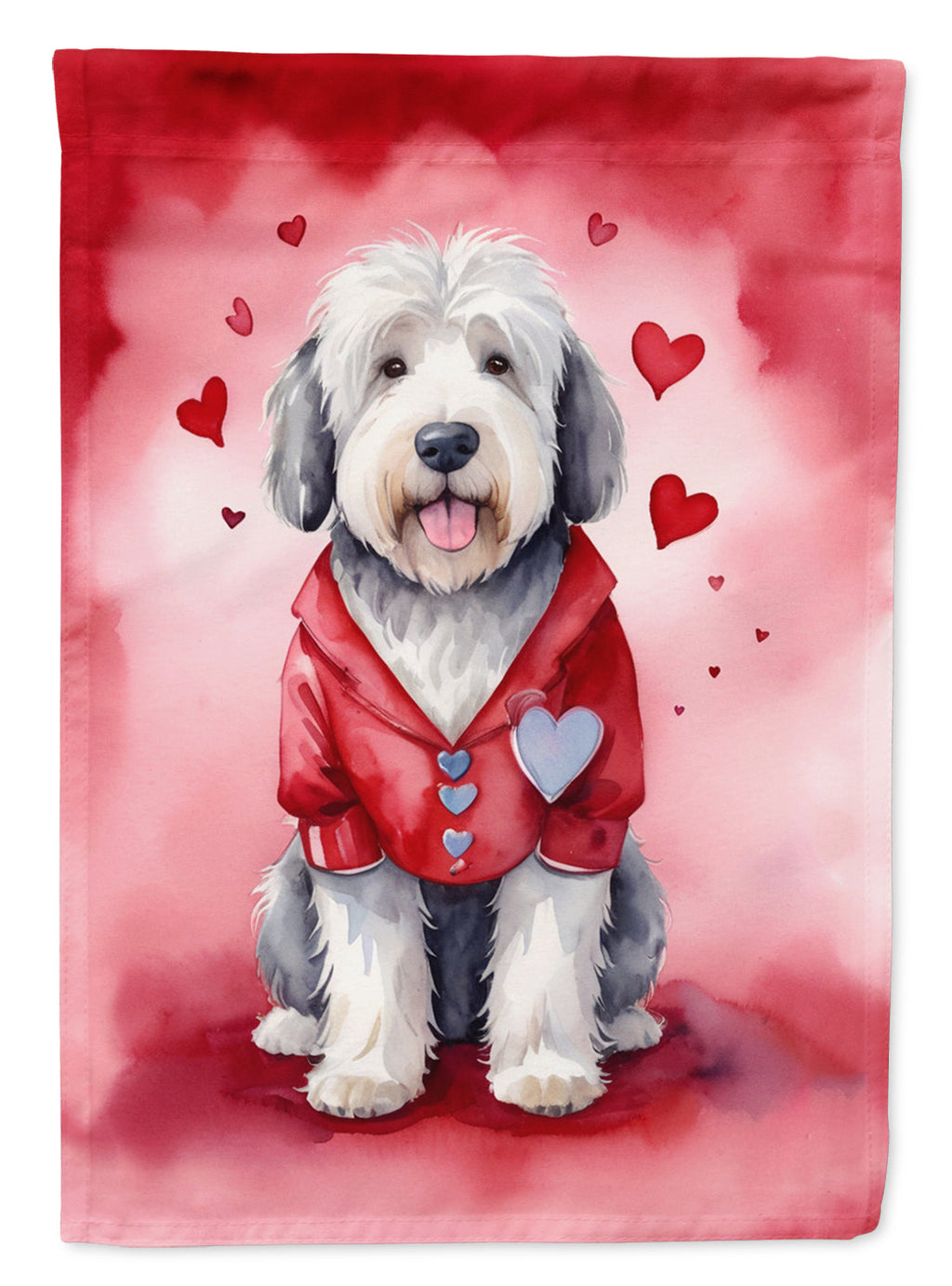 Old English Sheepdog My Valentine House Flag 28x40 Porch Sleeve Pole Decorative Outside Yard Banner Artwork Wall Hanging, Polyester