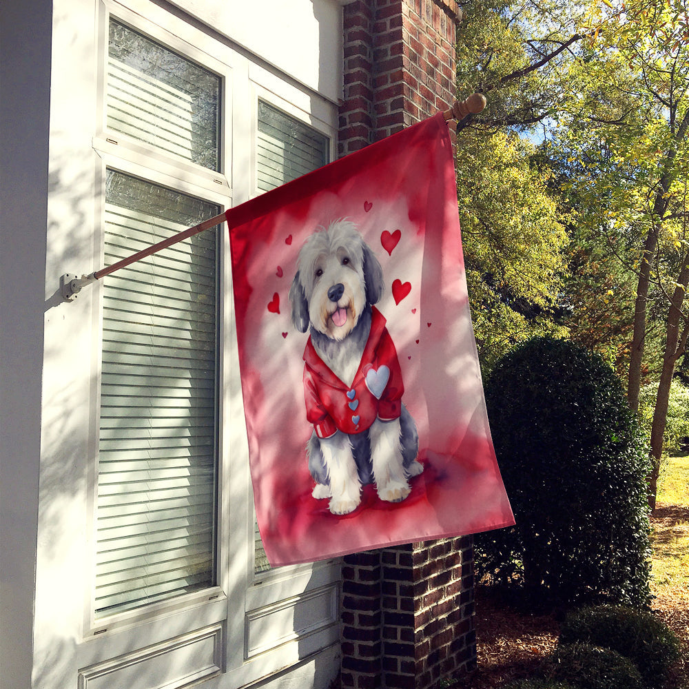 Old English Sheepdog My Valentine House Flag 28x40 Porch Sleeve Pole Decorative Outside Yard Banner Artwork Wall Hanging, Polyester