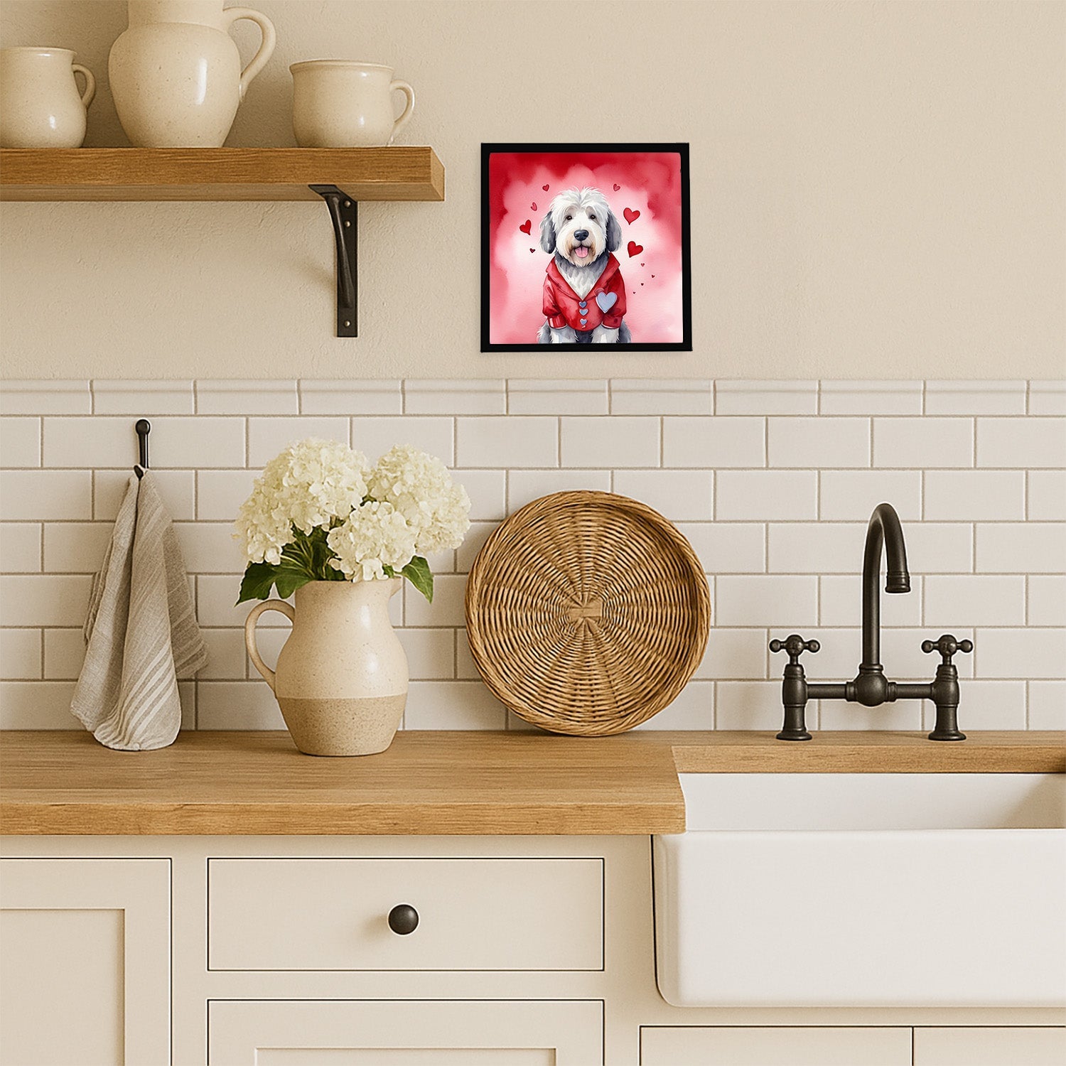 Old English Sheepdog My Valentine Framed Metal Print Bathroom, Kitchen, Office, Home Decor Wall Art Ready to Hang, Square, 8X8