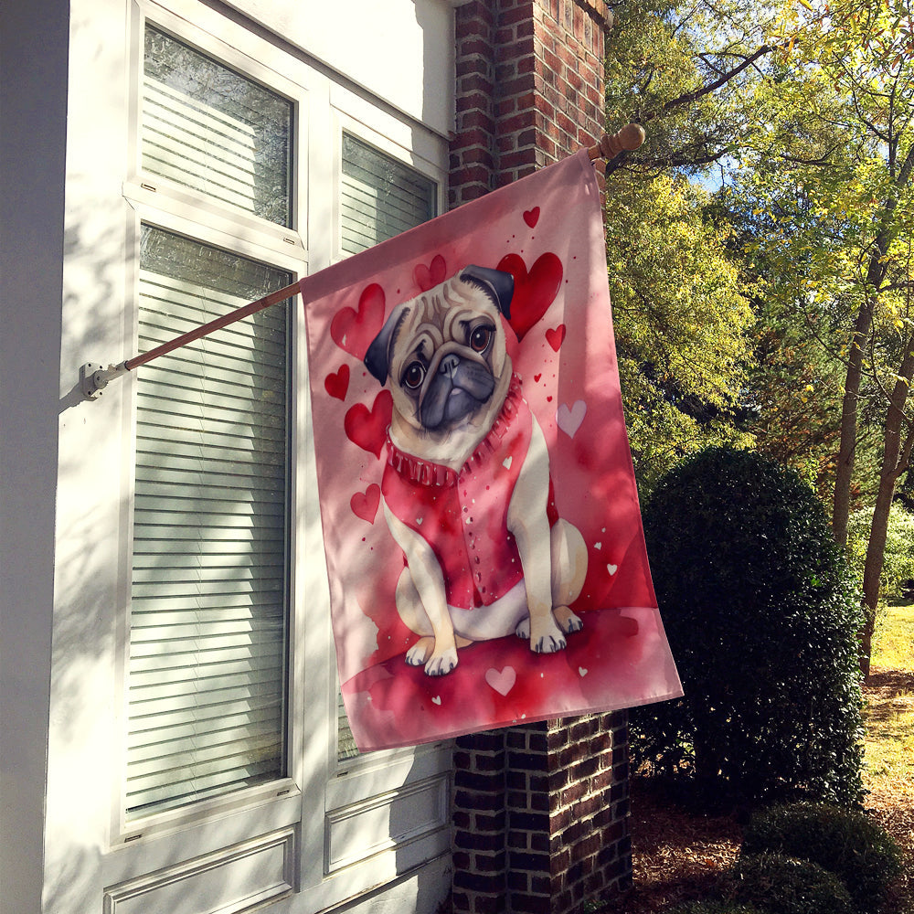 Pug My Valentine House Flag 28x40 Porch Sleeve Pole Decorative Outside Yard Banner Artwork Wall Hanging, Polyester