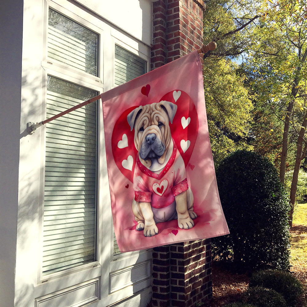 Shar Pei My Valentine House Flag 28x40 Porch Sleeve Pole Decorative Outside Yard Banner Artwork Wall Hanging, Polyester