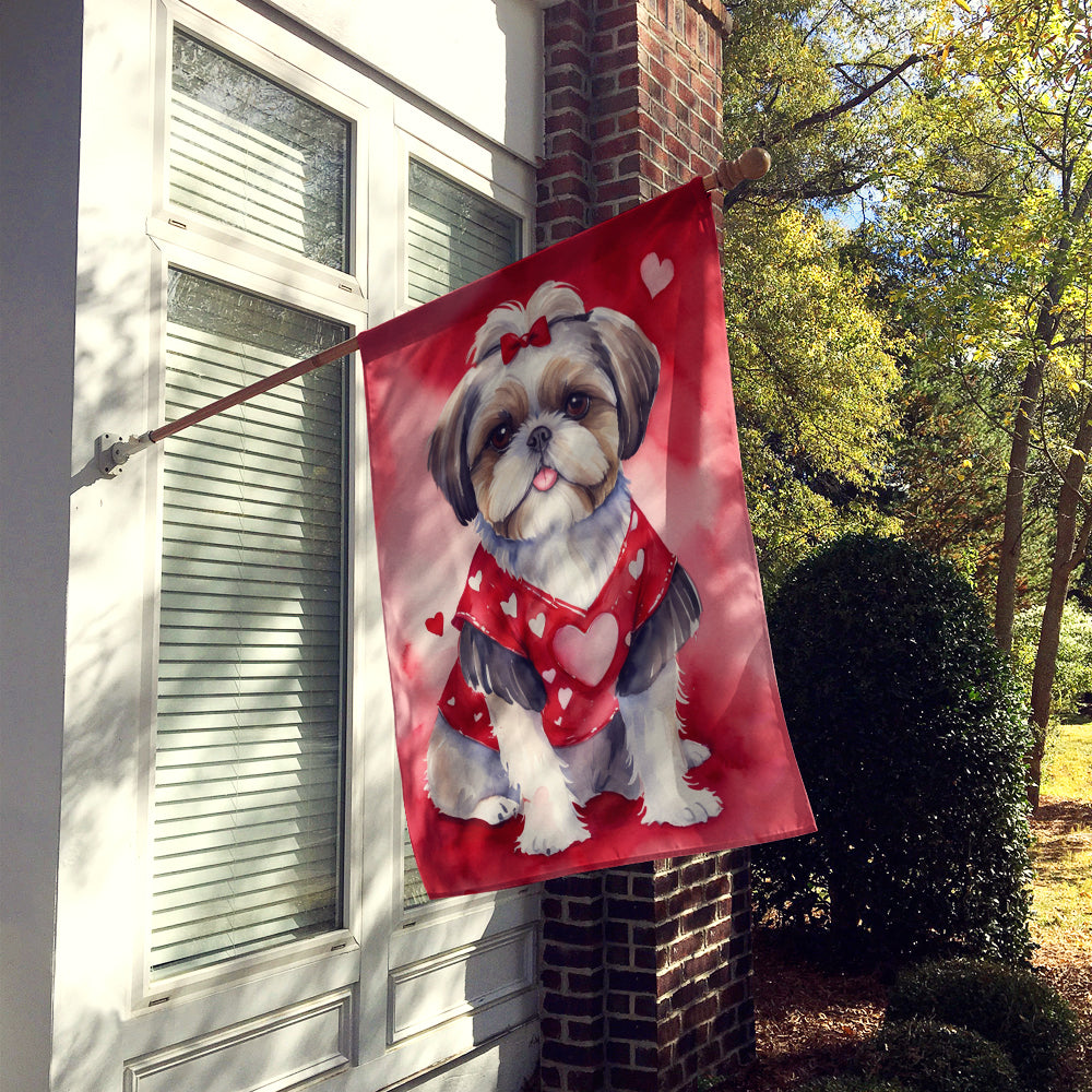 Shih Tzu My Valentine House Flag 28x40 Porch Sleeve Pole Decorative Outside Yard Banner Artwork Wall Hanging, Polyester