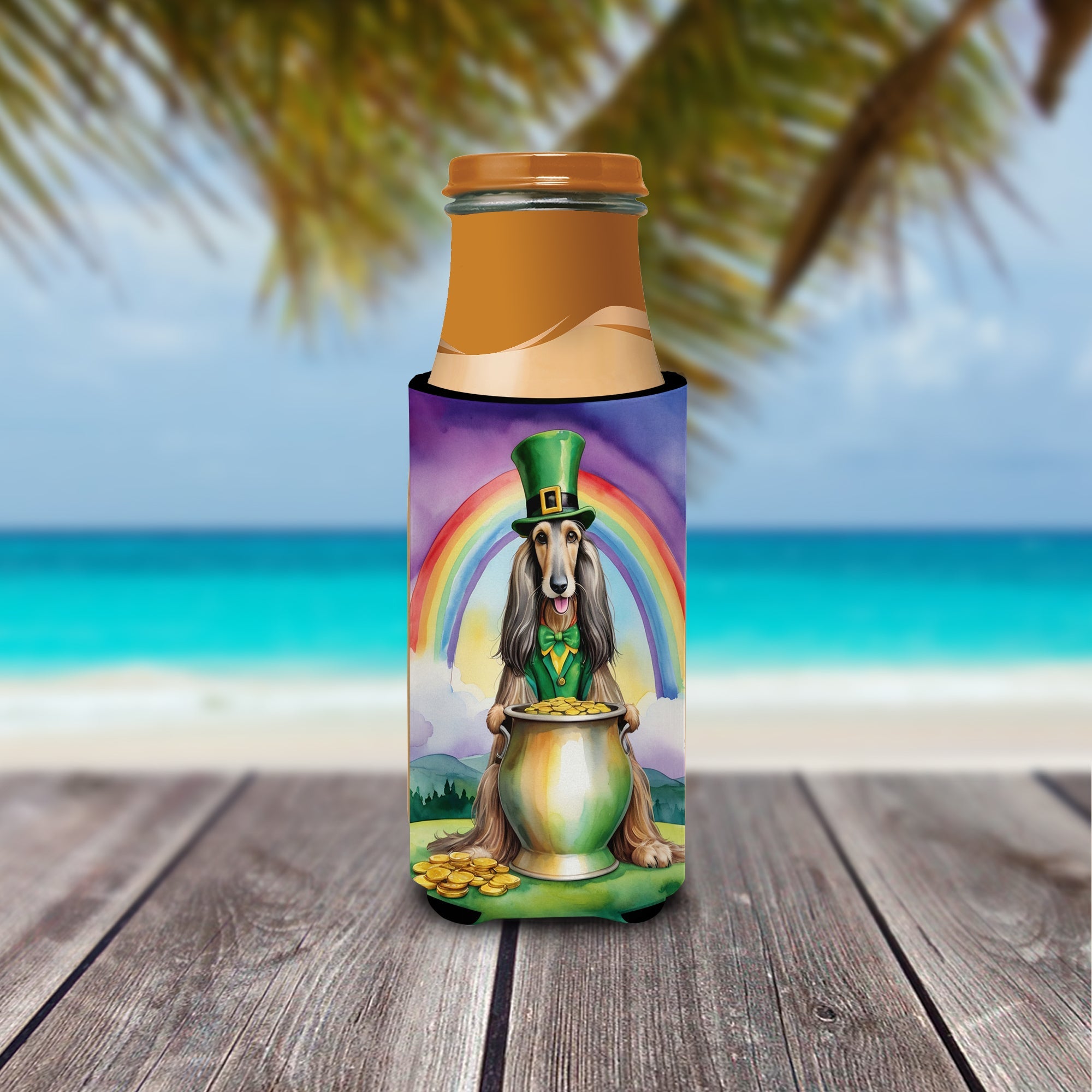 Afghan Hound St Patrick's Day Slim Can Hugger , Insulated Foam Hugger for 12 oz Slim Cans, Beer Bottles & Water Bottles, Printed in USA