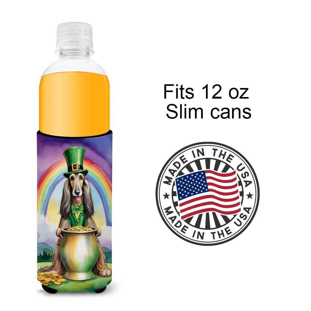 Afghan Hound St Patrick's Day Slim Can Hugger , Insulated Foam Hugger for 12 oz Slim Cans, Beer Bottles & Water Bottles, Printed in USA