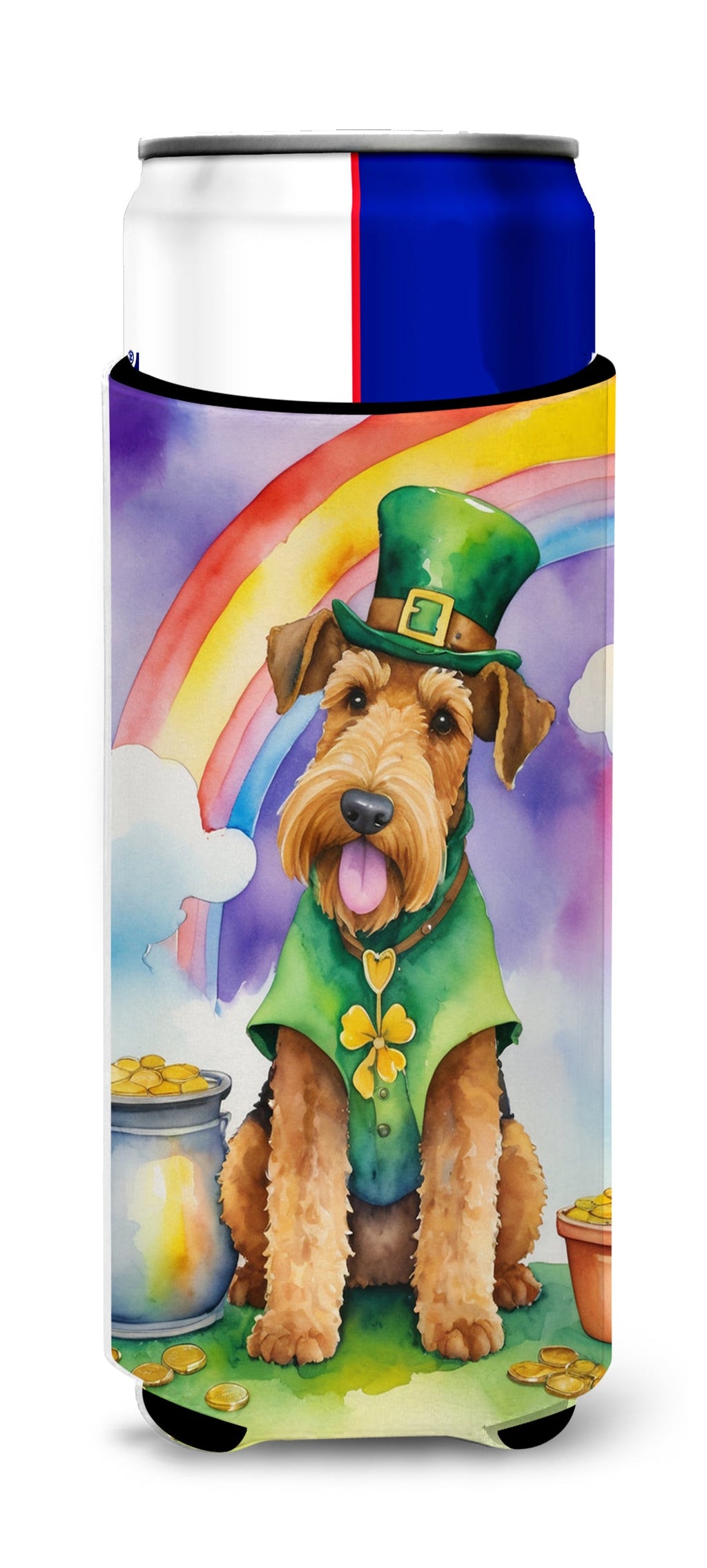 Airedale Terrier St Patrick's Day Slim Can Hugger , Insulated Foam Hugger for 12 oz Slim Cans, Beer Bottles & Water Bottles, Printed in USA