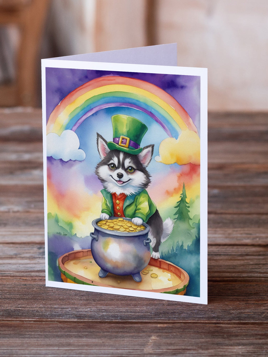 Alaskan Klee Kai St Patrick's Day Greeting Cards Pack of 8 Blank Cards with Envelopes Whimsical A7 Size 5x7