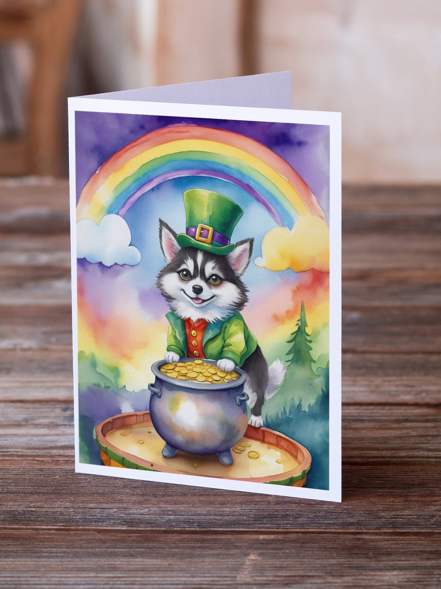 Alaskan Klee Kai St Patrick's Day Greeting Cards Pack of 8 Blank Cards with Envelopes Whimsical A7 Size 5x7