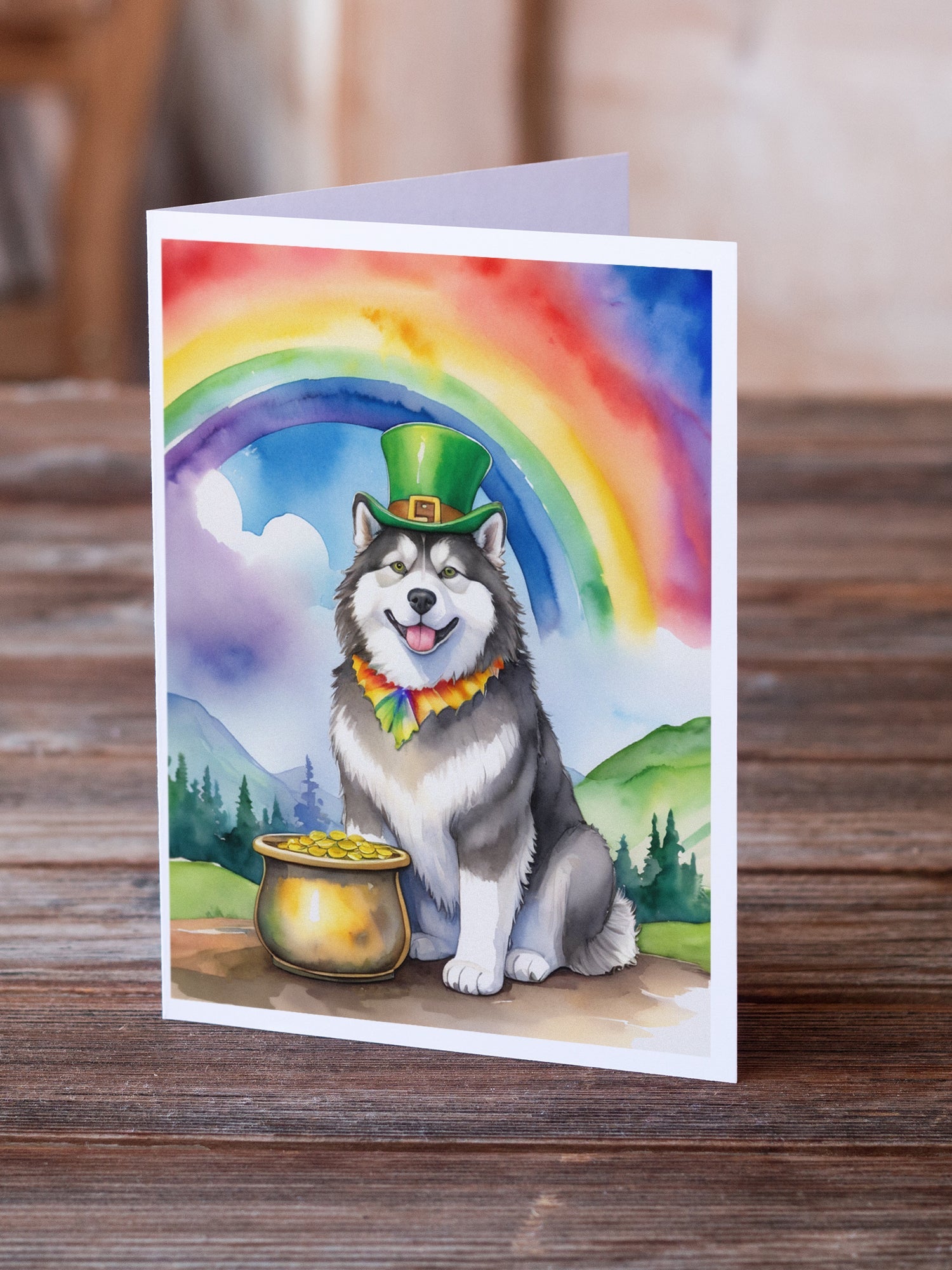 Alaskan Malamute St Patrick's Day Greeting Cards Pack of 8 Blank Cards with Envelopes Whimsical A7 Size 5x7