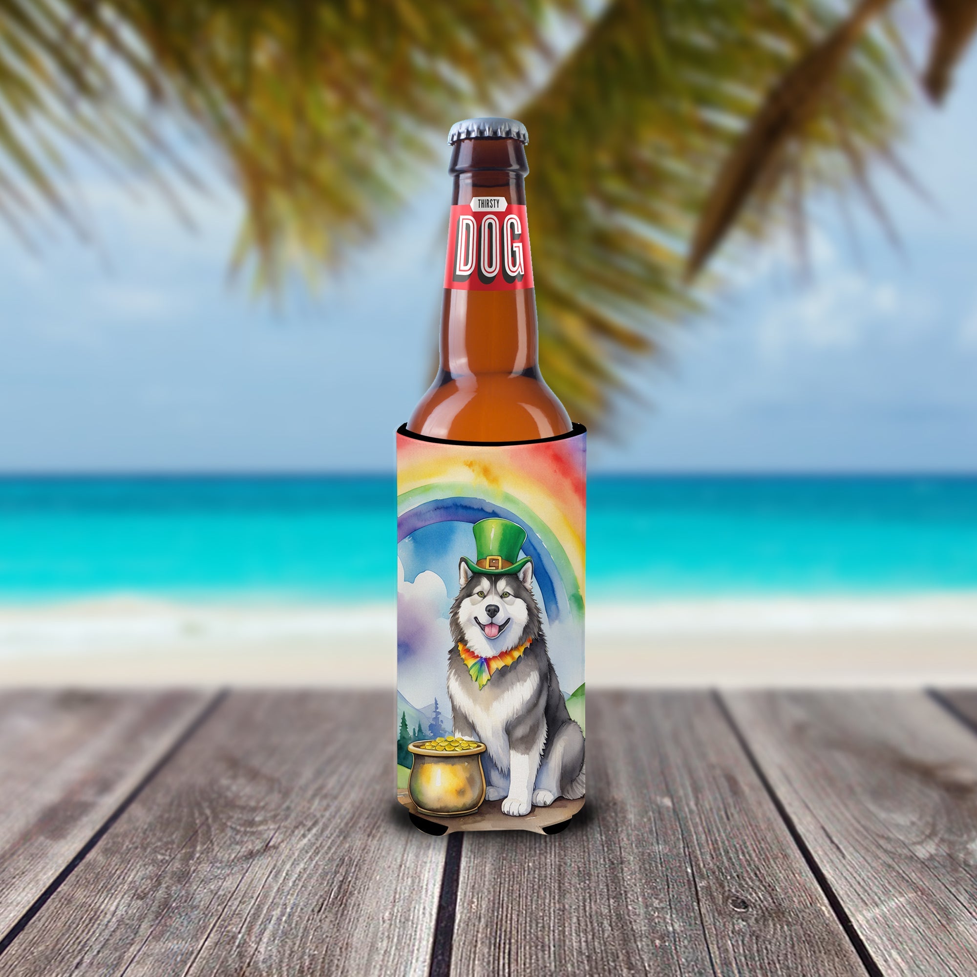 Alaskan Malamute St Patrick's Day Slim Can Hugger , Insulated Foam Hugger for 12 oz Slim Cans, Beer Bottles & Water Bottles, Printed in USA
