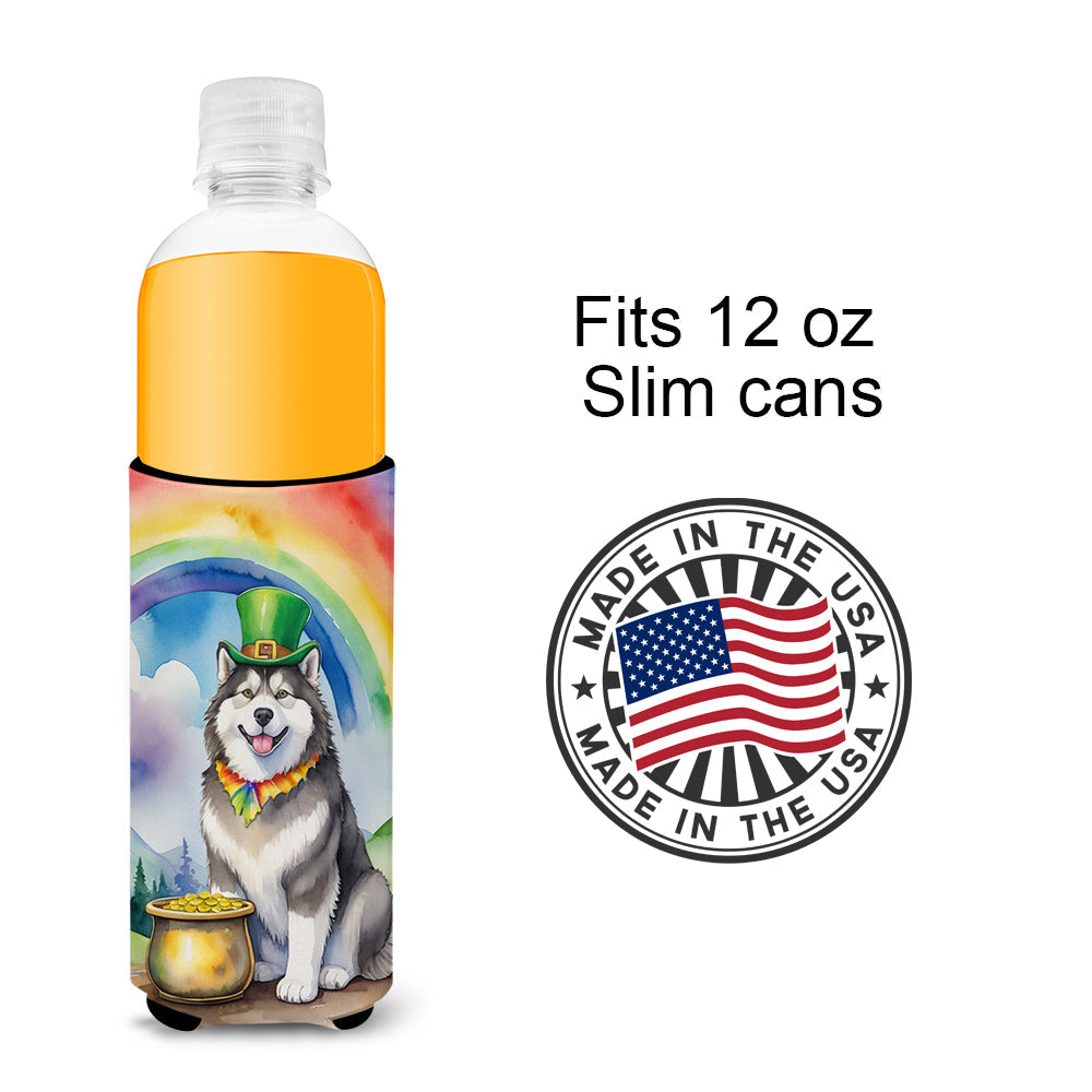 Alaskan Malamute St Patrick's Day Slim Can Hugger , Insulated Foam Hugger for 12 oz Slim Cans, Beer Bottles & Water Bottles, Printed in USA