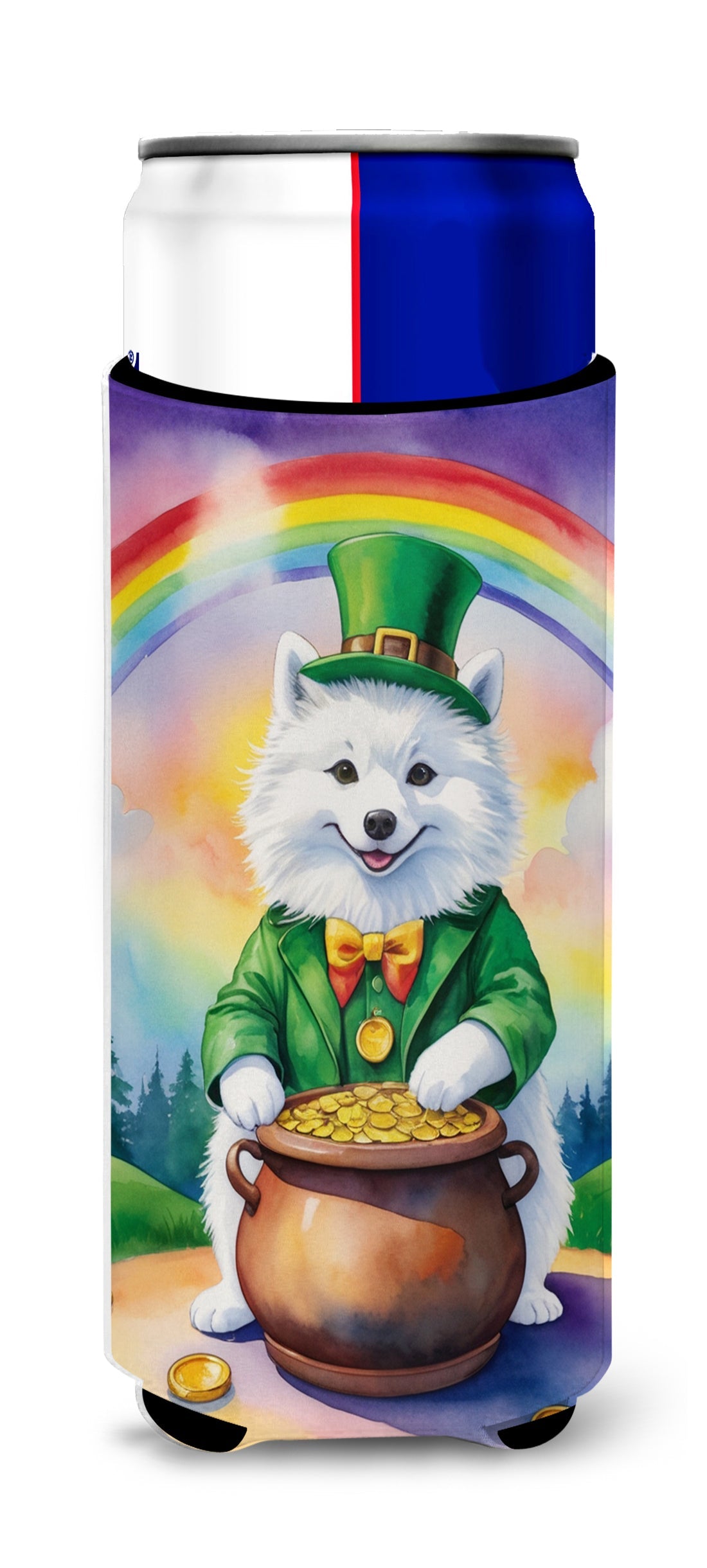 American Eskimo St Patrick's Day Slim Can Hugger , Insulated Foam Hugger for 12 oz Slim Cans, Beer Bottles & Water Bottles, Printed in USA