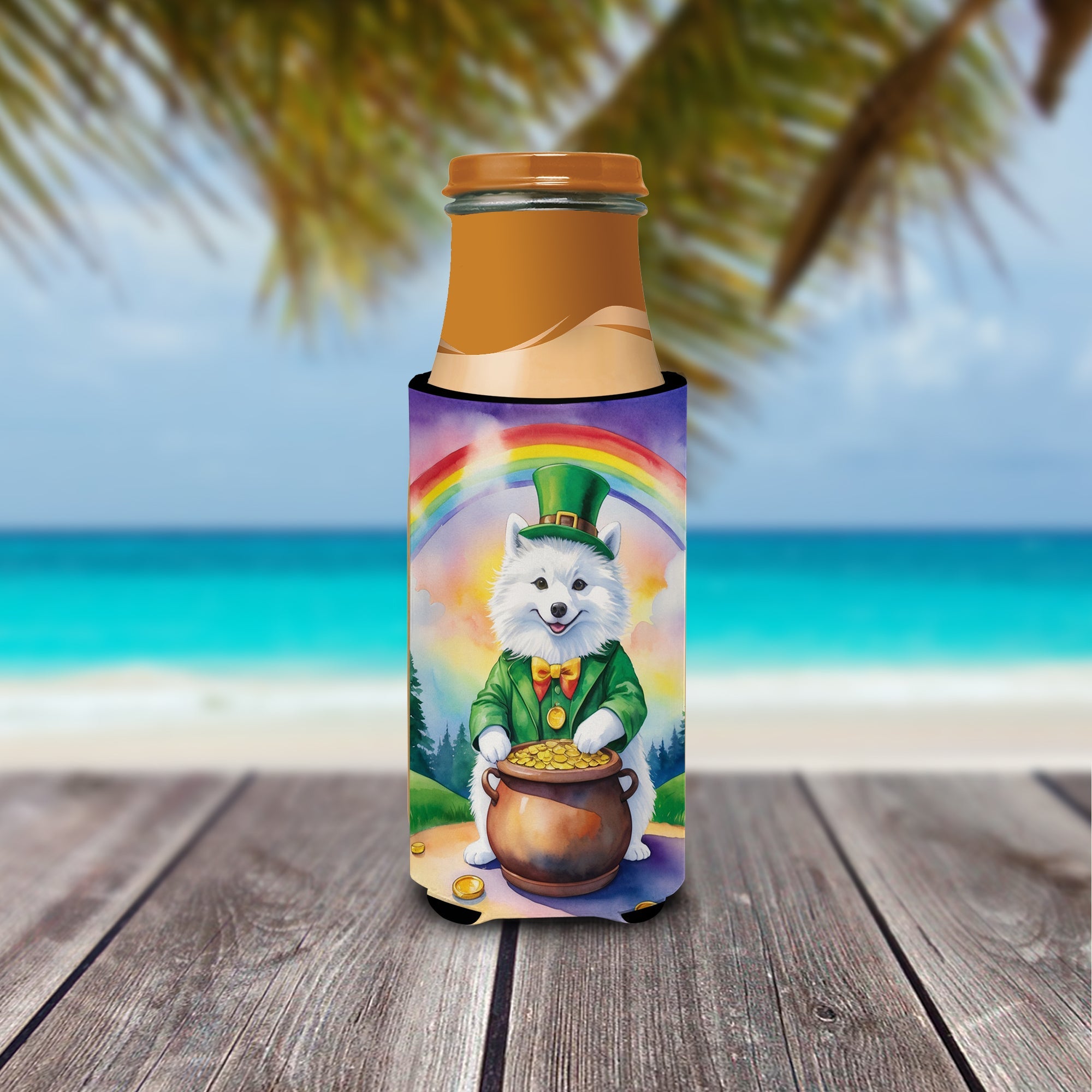 American Eskimo St Patrick's Day Slim Can Hugger , Insulated Foam Hugger for 12 oz Slim Cans, Beer Bottles & Water Bottles, Printed in USA