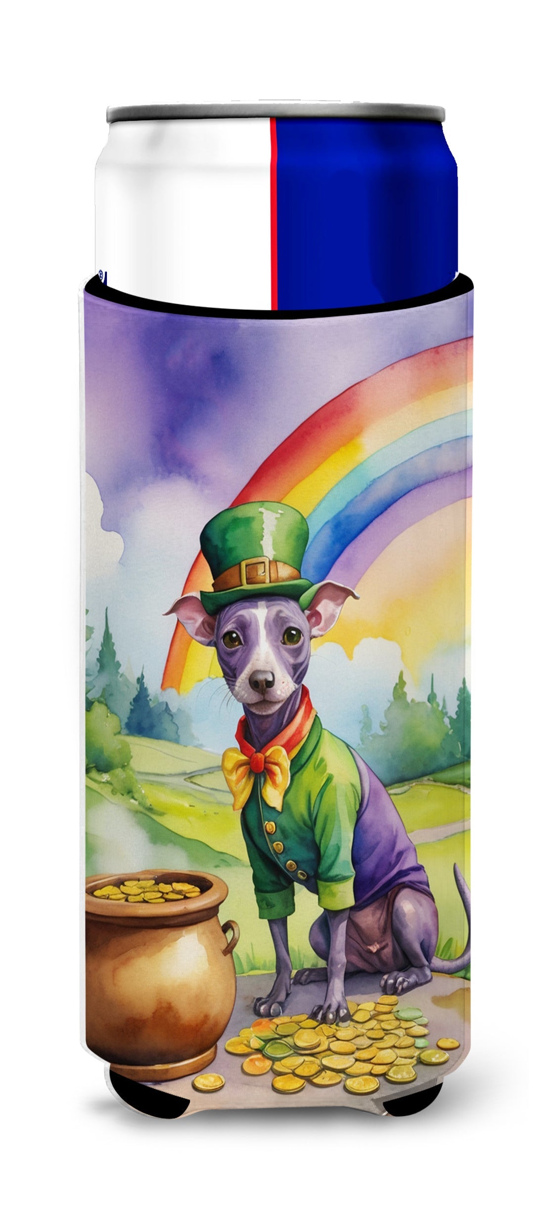 American Hairless Terrier St Patrick's Day Slim Can Hugger , Insulated Foam Hugger for 12 oz Slim Cans, Beer Bottles & Water Bottles, Printed in USA