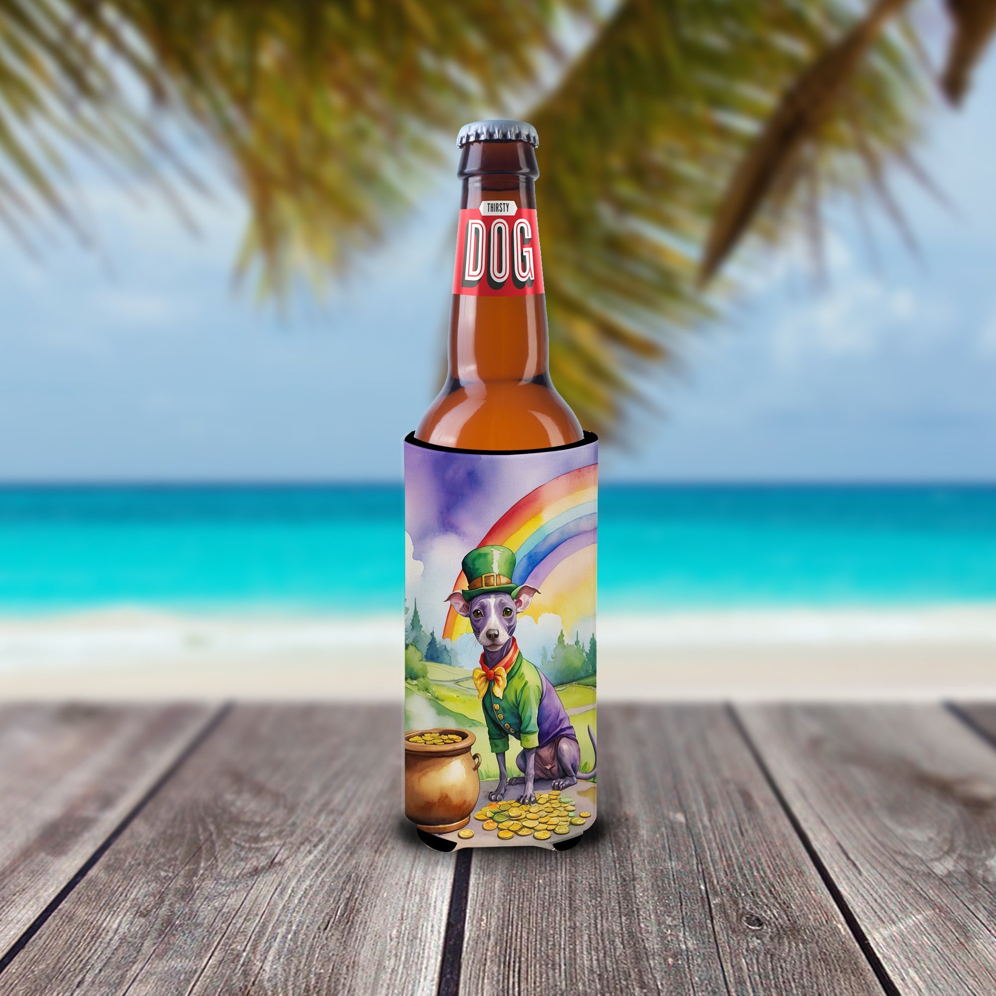 American Hairless Terrier St Patrick's Day Slim Can Hugger , Insulated Foam Hugger for 12 oz Slim Cans, Beer Bottles & Water Bottles, Printed in USA
