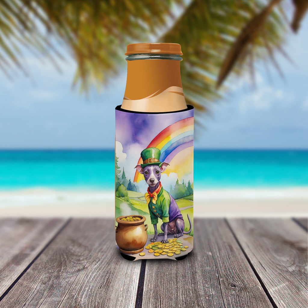American Hairless Terrier St Patrick's Day Slim Can Hugger , Insulated Foam Hugger for 12 oz Slim Cans, Beer Bottles & Water Bottles, Printed in USA