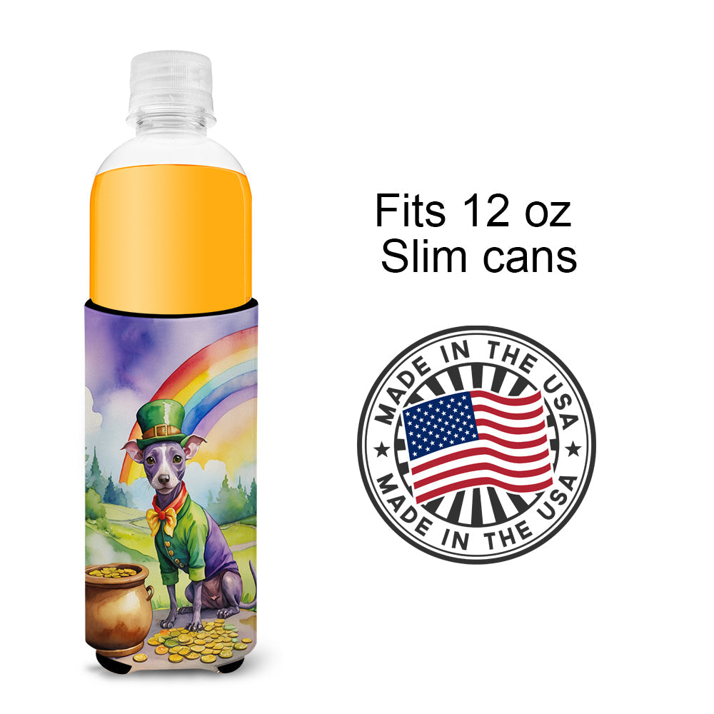 American Hairless Terrier St Patrick's Day Slim Can Hugger , Insulated Foam Hugger for 12 oz Slim Cans, Beer Bottles & Water Bottles, Printed in USA