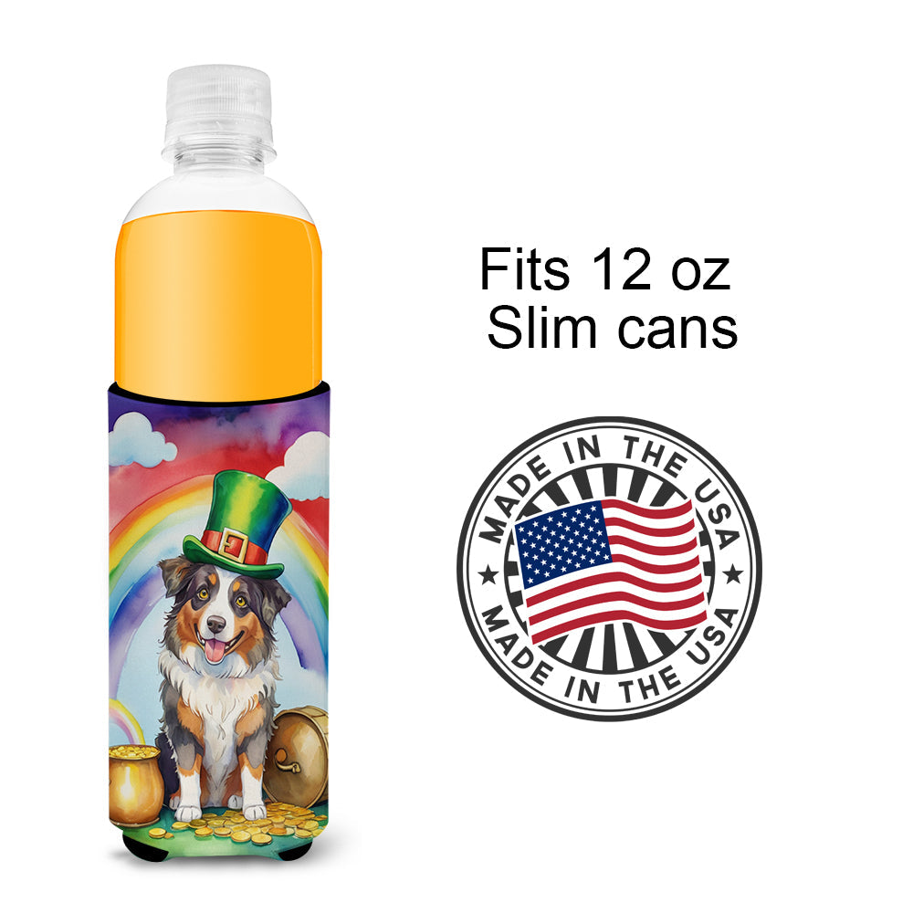 Australian Shepherd St Patrick's Day Slim Can Hugger , Insulated Foam Hugger for 12 oz Slim Cans, Beer Bottles & Water Bottles, Printed in USA